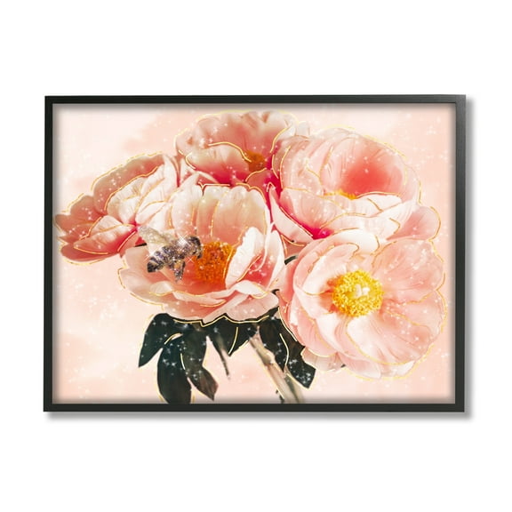 Stupell Industries Shimmering Bumble Bee Trendy Pink Glam Flowers Graphic Art Black Framed Art Print Wall Art, Design by Ziwei Li