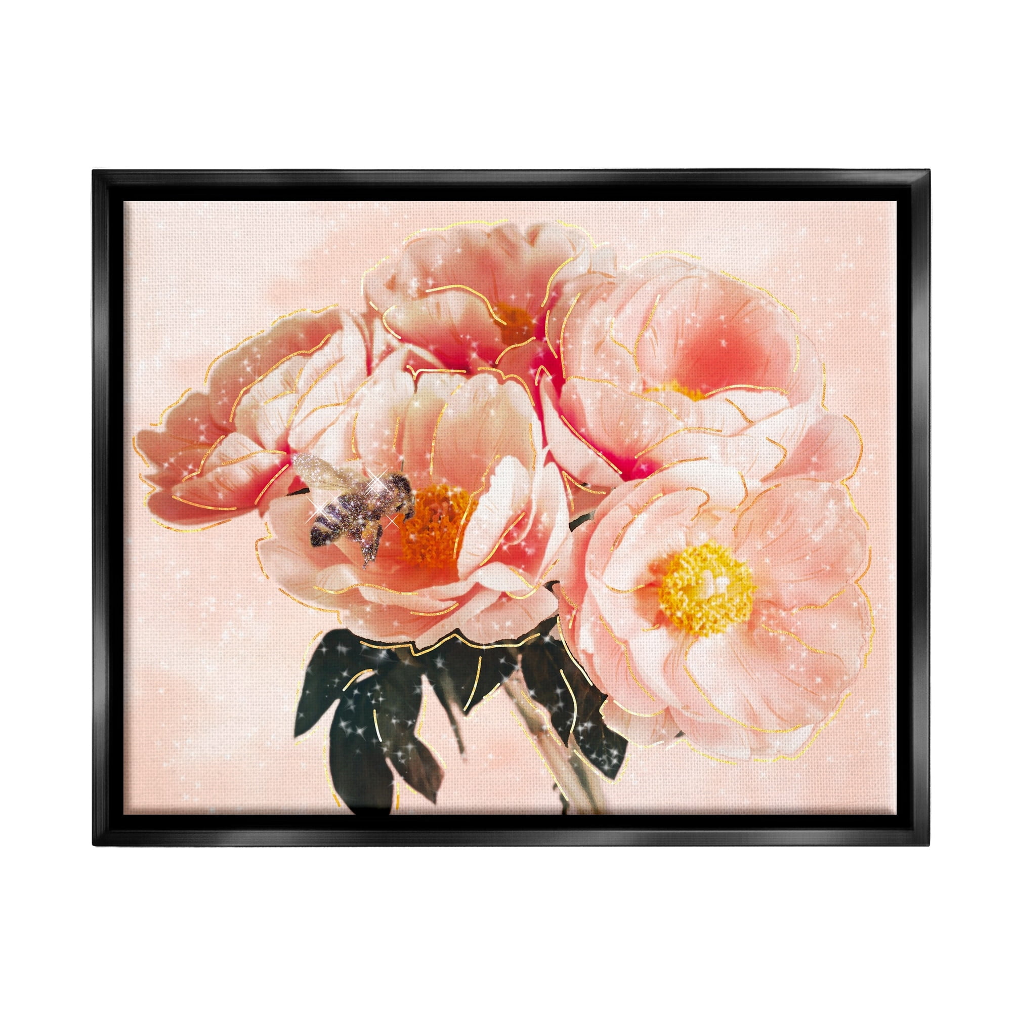 Stupell Industries Shimmering Bumble Bee Trendy Pink Glam Flowers Graphic Art Jet Black Floating Framed Canvas Print Wall Art, Design by Ziwei Li