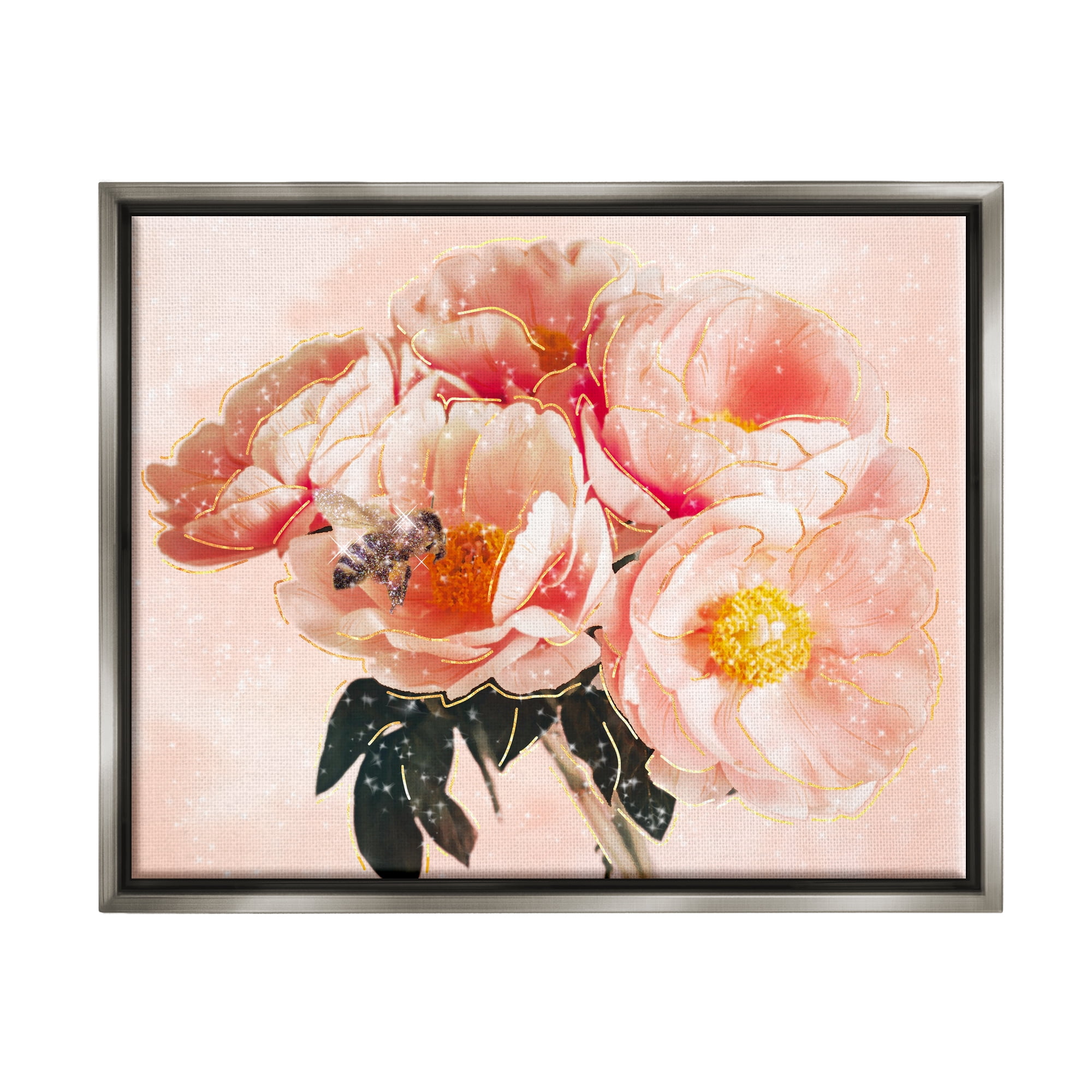 Stupell Industries Shimmering Bumble Bee Trendy Pink Glam Flowers Graphic Art Luster Gray Floating Framed Canvas Print Wall Art, Design by Ziwei Li
