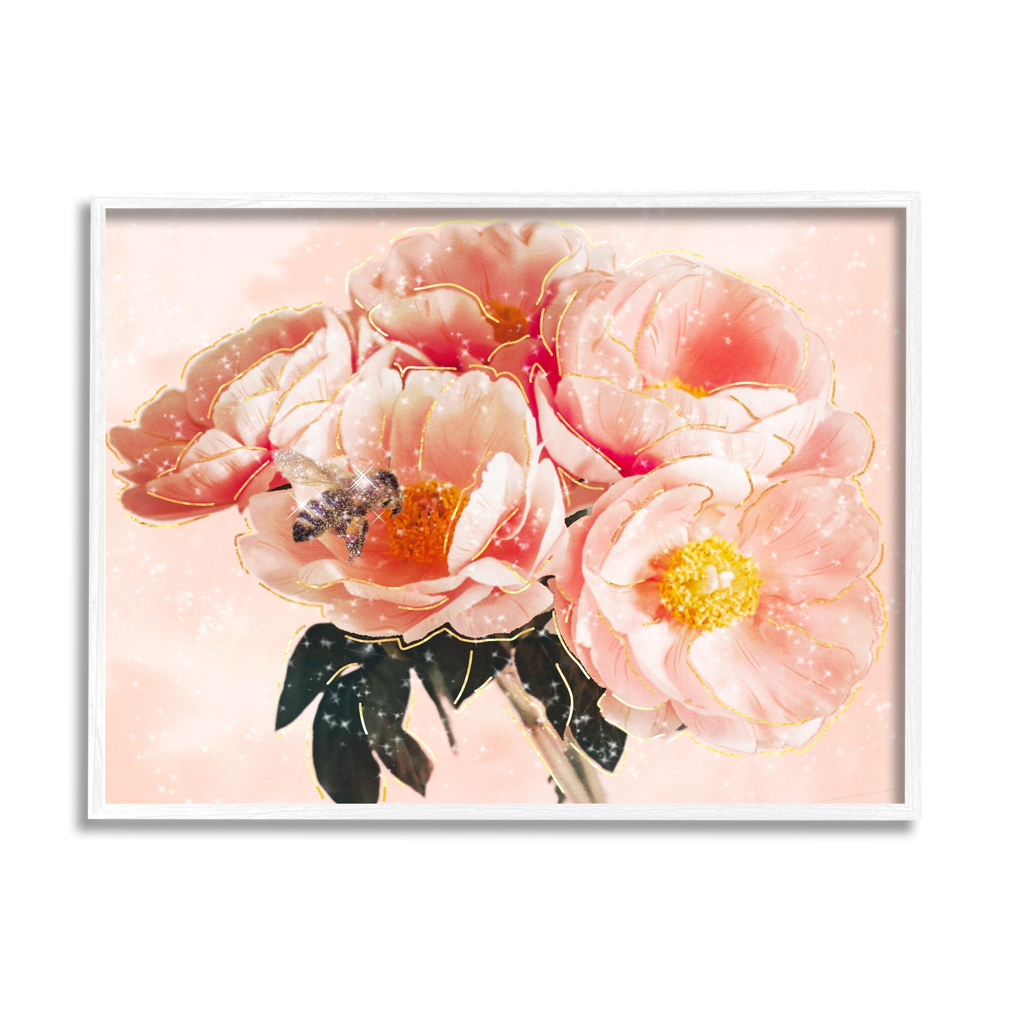 Stupell Industries Shimmering Bumble Bee Trendy Pink Glam Flowers Graphic Art White Framed Art Print Wall Art, Design by Ziwei Li