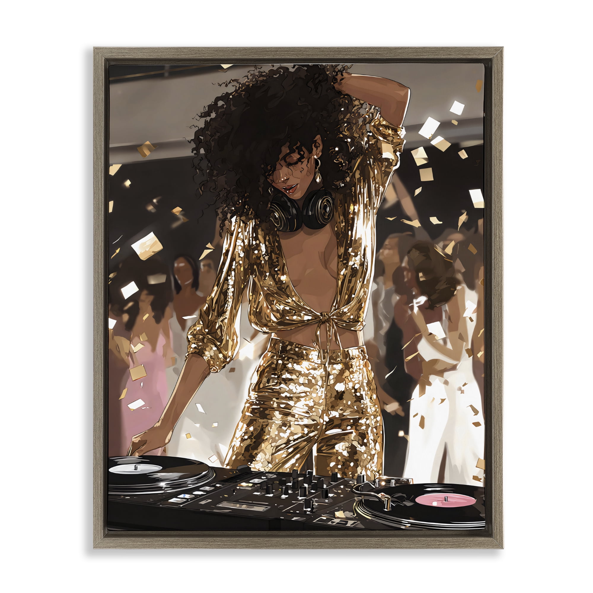 Stupell Industries Shimmering DJ in Sequins Brown Framed Floater Canvas Wall Art, design by Franklyn Gregory