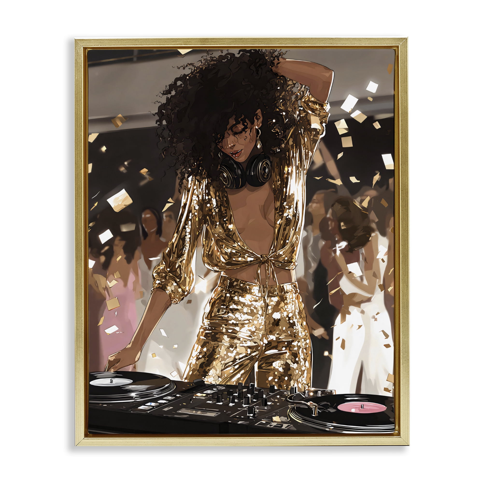 Stupell Industries Shimmering DJ in Sequins Gold Framed Floater Canvas Wall Art, design by Franklyn Gregory