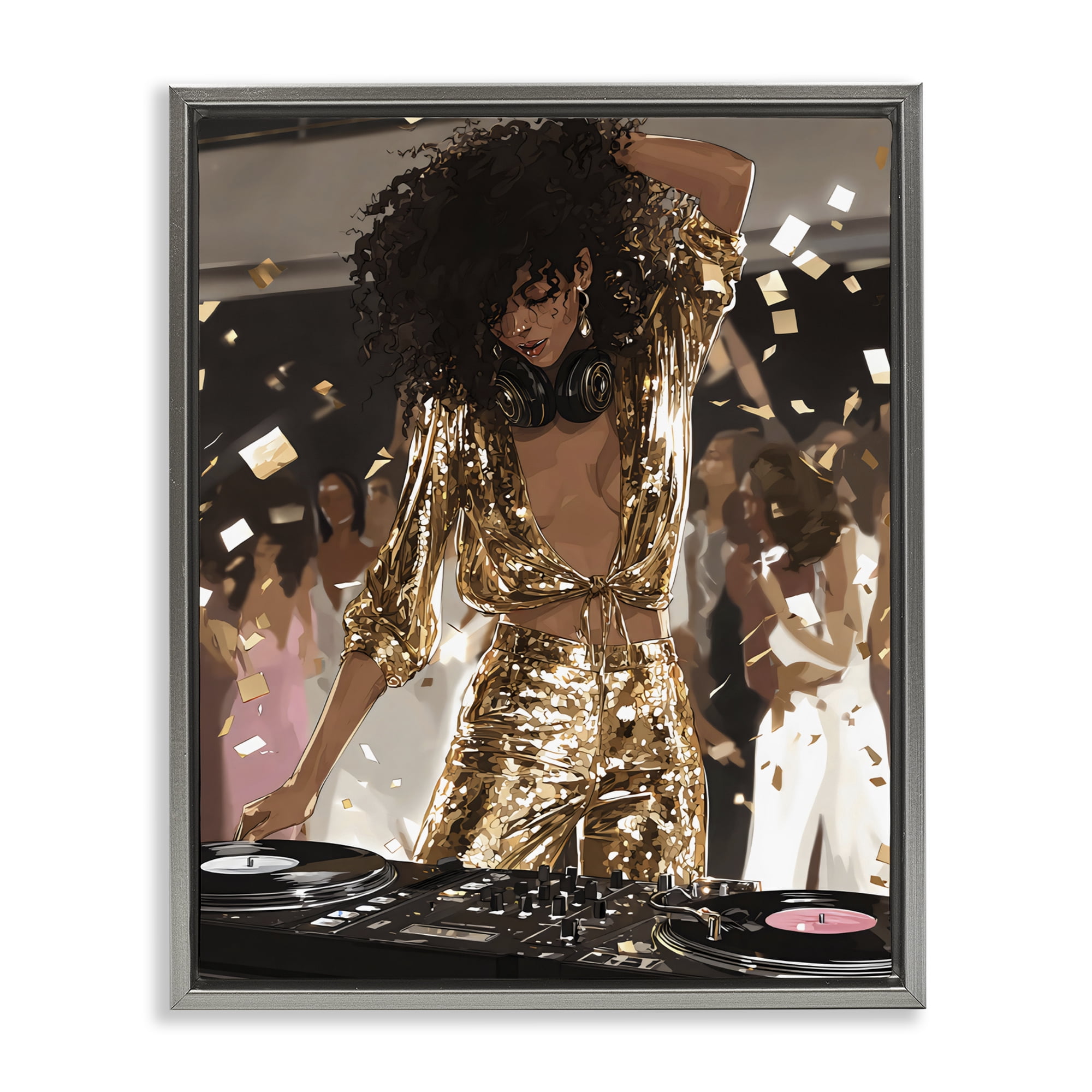Stupell Industries Shimmering DJ in Sequins Gray Framed Floater Canvas Wall Art, design by Franklyn Gregory