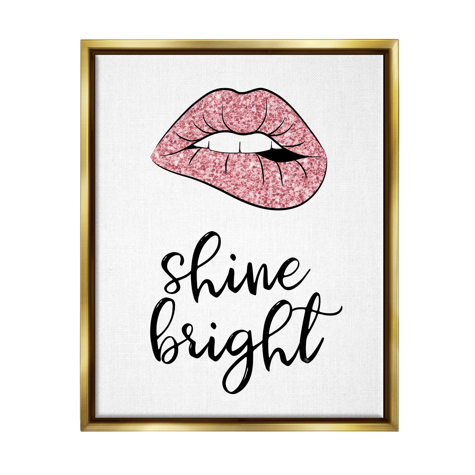 Stupell Industries Shine Bright Pink Glam Lips Beauty & Fashion Painting Gold Floater Framed Art Print Wall Art