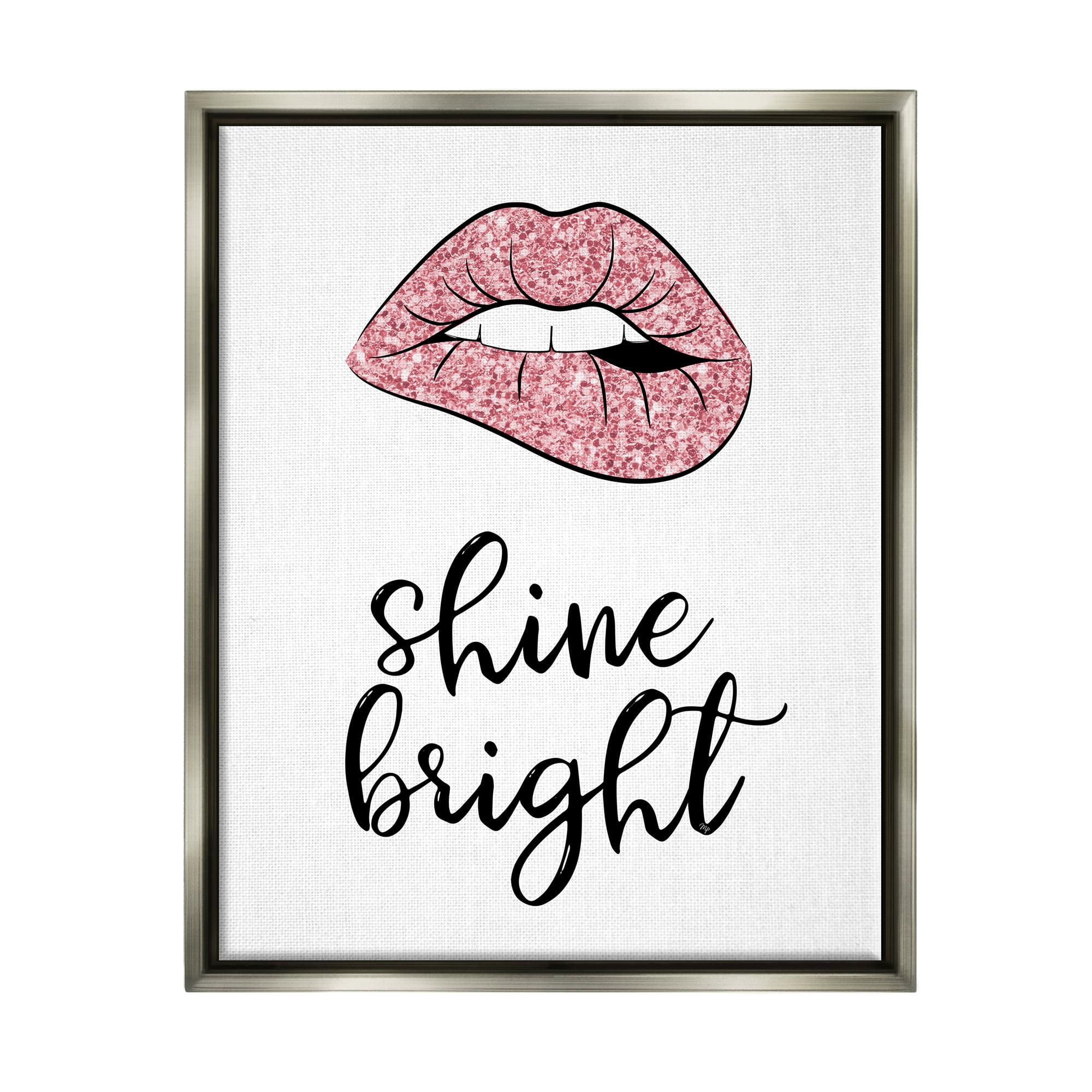 Stupell Industries Shine Bright Pink Glam Lips Beauty & Fashion Painting Gray Floater Framed Art Print Wall Art