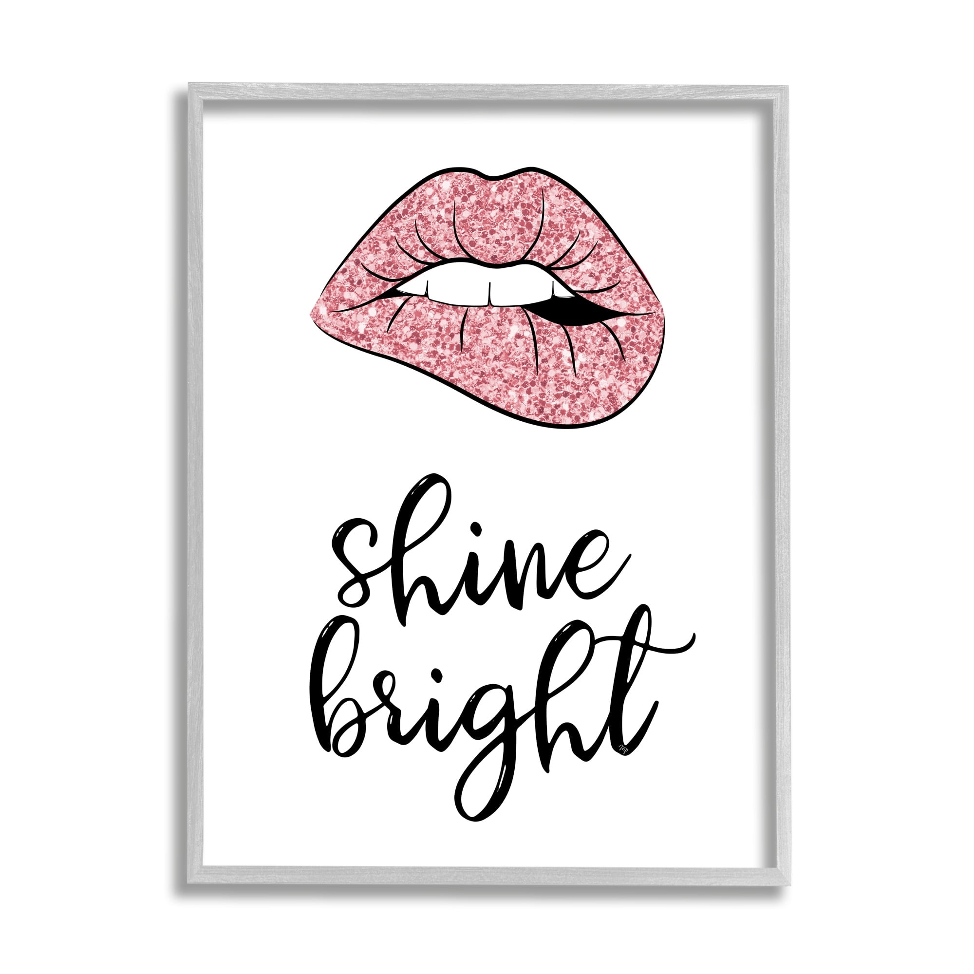 Stupell Industries Shine Bright Pink Glam Lips Beauty & Fashion Painting Gray Framed Art Print Wall Art