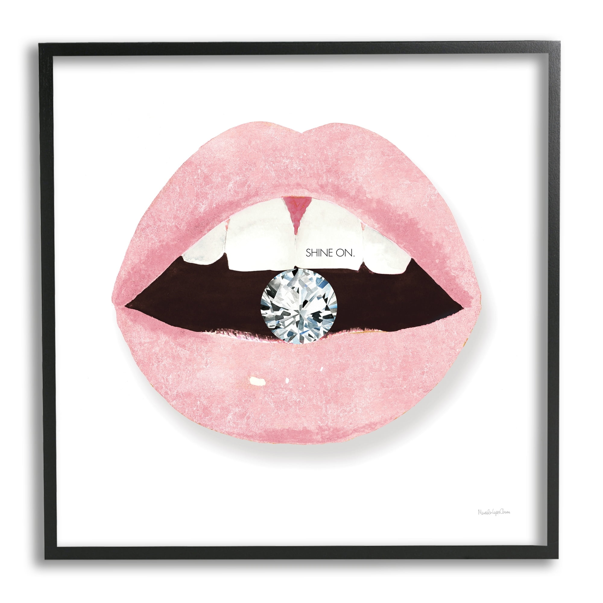 Stupell Industries Shine On Glam Lips Biting Shimmering Diamond Graphic Art Black Framed Art Print Wall Art, Design by Mercedes Lopez Charro