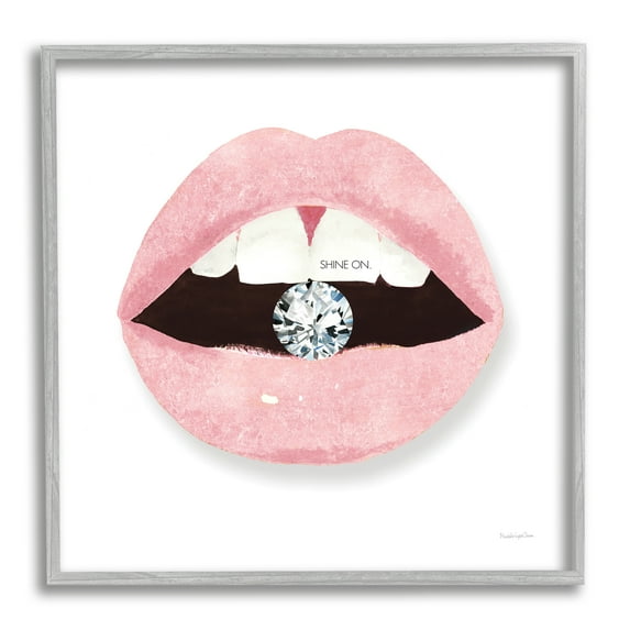 Stupell Industries Shine On Glam Lips Biting Shimmering Diamond Graphic Art Gray Framed Art Print Wall Art, Design by Mercedes Lopez Charro