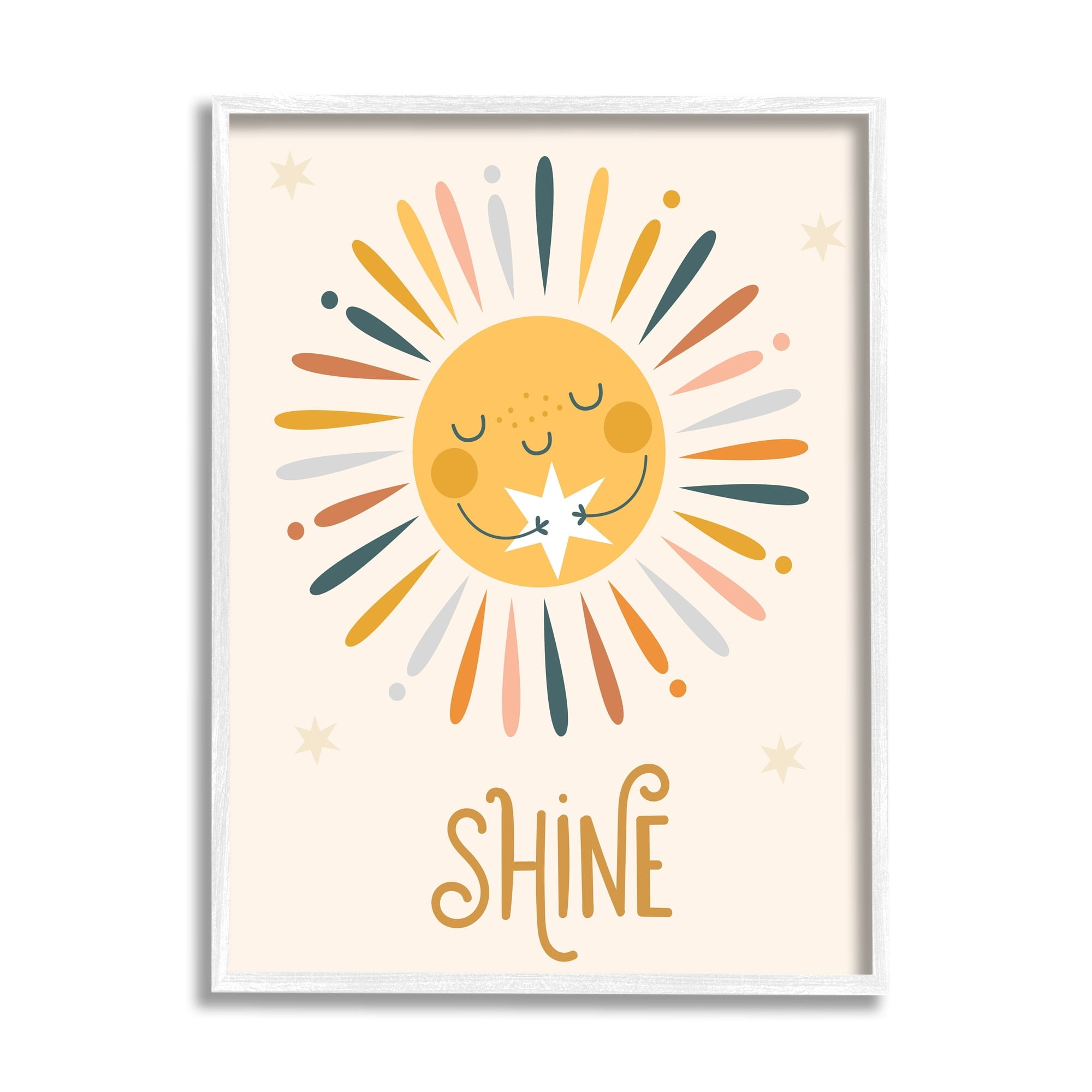 Stupell Industries Shine Phrase Uplifting Sun Rays Hugging Star Graphic Art White Framed Art Print Wall Art, Design by Ilis Aviles