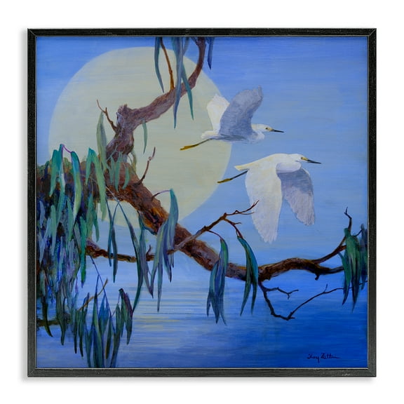Stupell Industries Shining Moon & Birds Birds Painting Black Framed Art Print Wall Art, 12 x 12