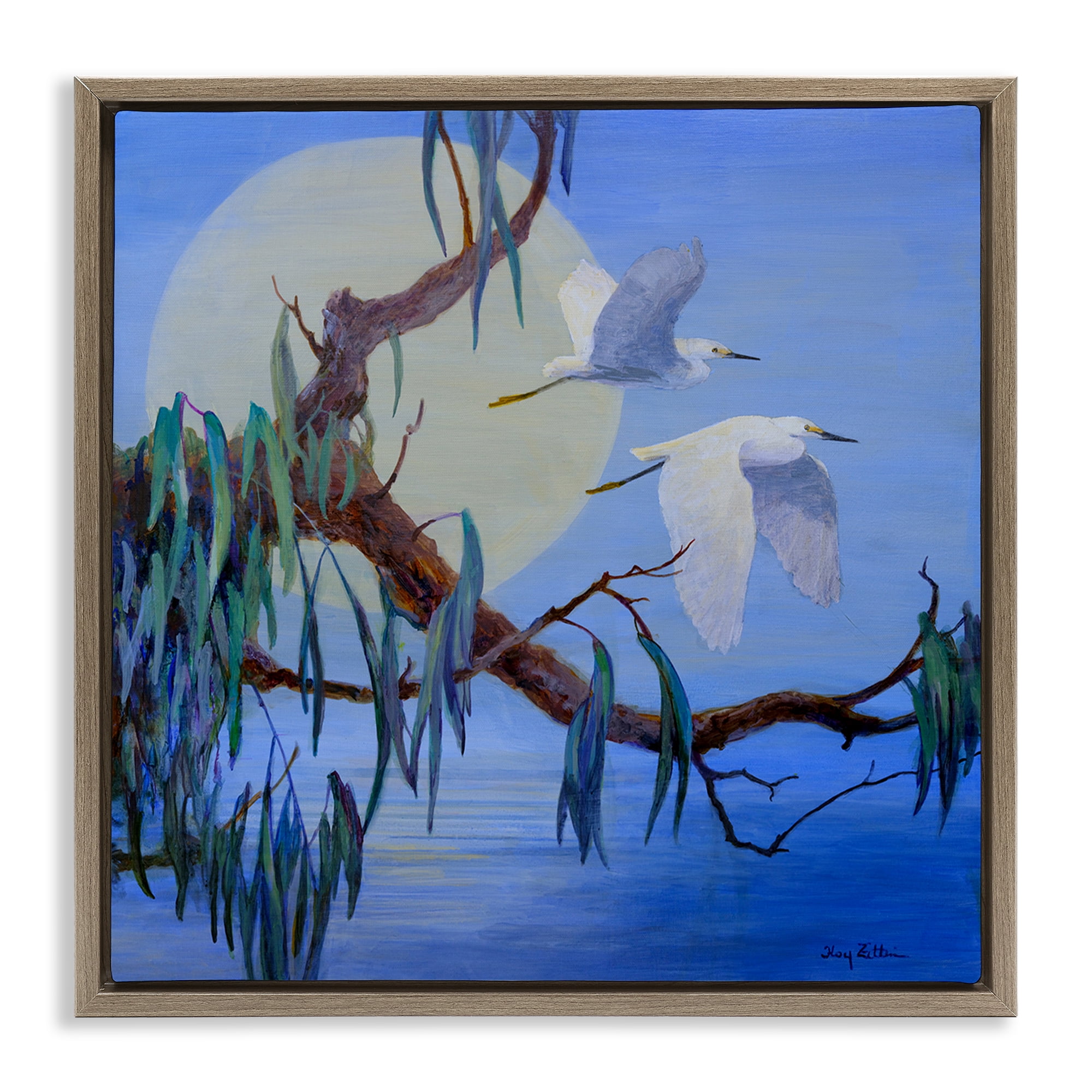 Stupell Industries Shining Moon & Birds Birds Painting Brown Floater Framed Canvas Art Print Wall Art, 25 x 25