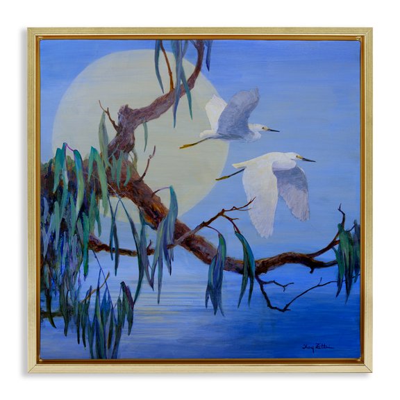 Stupell Industries Shining Moon & Birds Birds Painting Gold Floater Framed Canvas Art Print Wall Art, 18 x 18