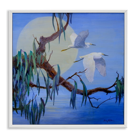 Stupell Industries Shining Moon & Birds Birds Painting White Framed Art Print Wall Art, 24 x 24