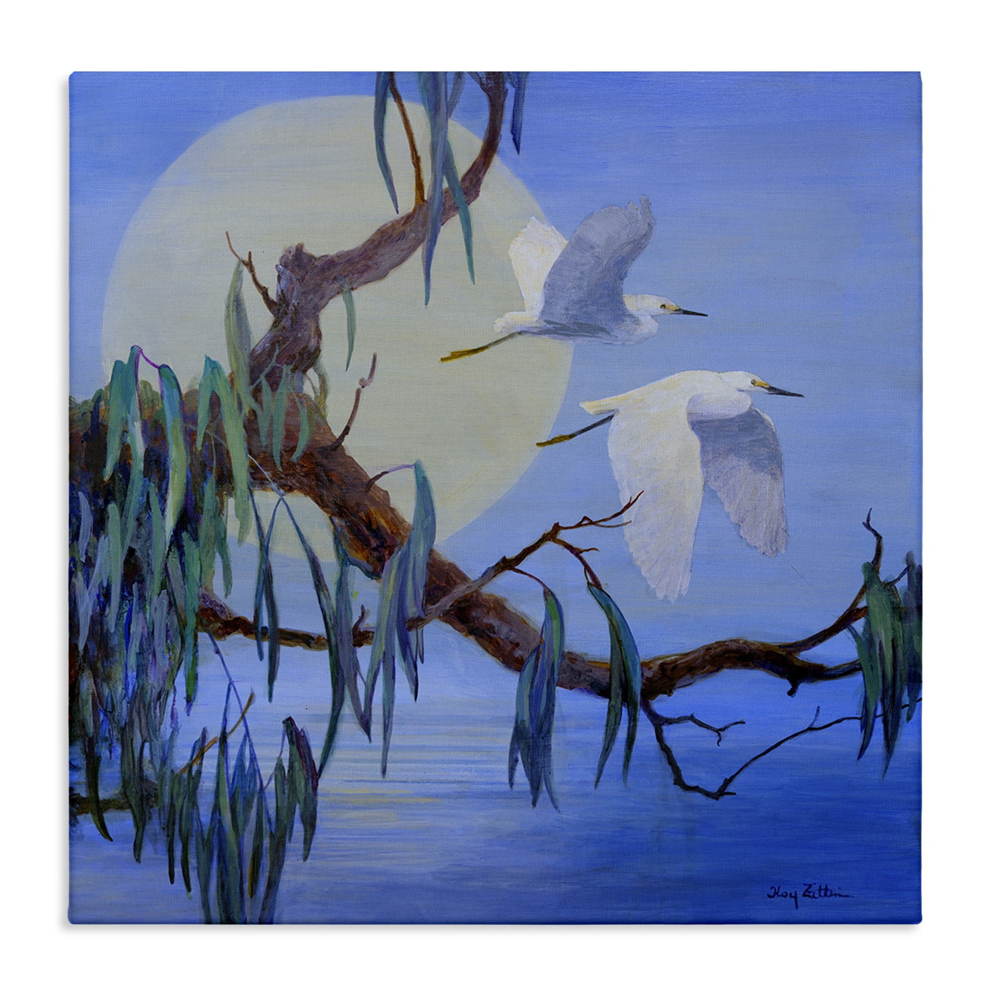 Stupell Industries Shining Moon & Birds Birds Painting Wrapped Canvas Art Print Wall Art, 17 x 17
