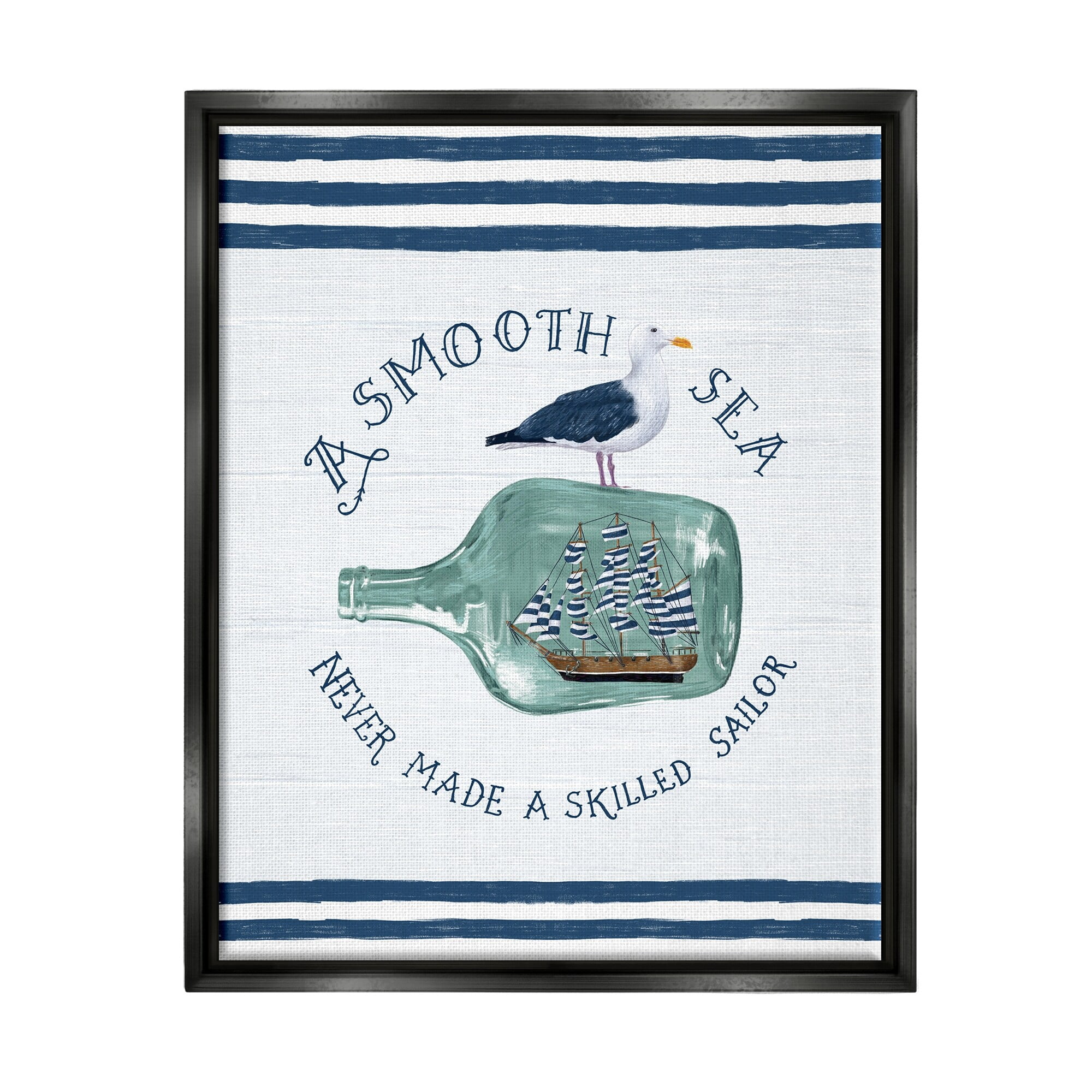 Stupell Industries Ship In Bottle Seagull Striped Nautical Phrase Graphic Art Jet Black Floating Framed Canvas Print Wall Art, Design by Raquel Maciel