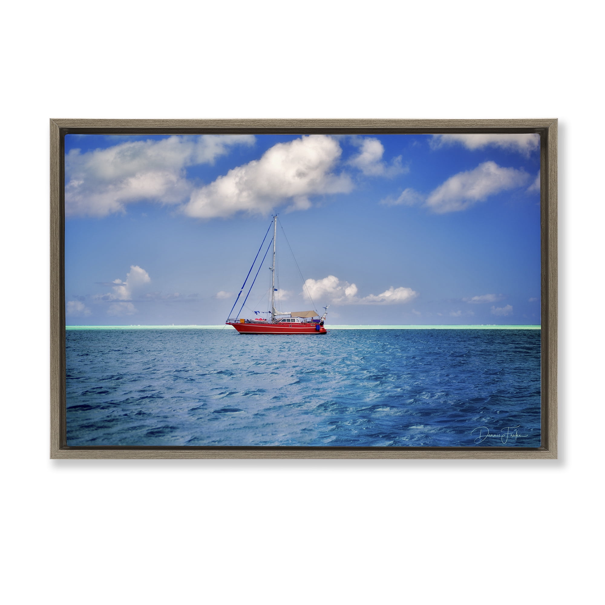 Stupell Industries Ship & Cloudy Sea Nautical & Beach Photography Brown Floater Framed Canvas Art Print Wall Art, 31 x 21
