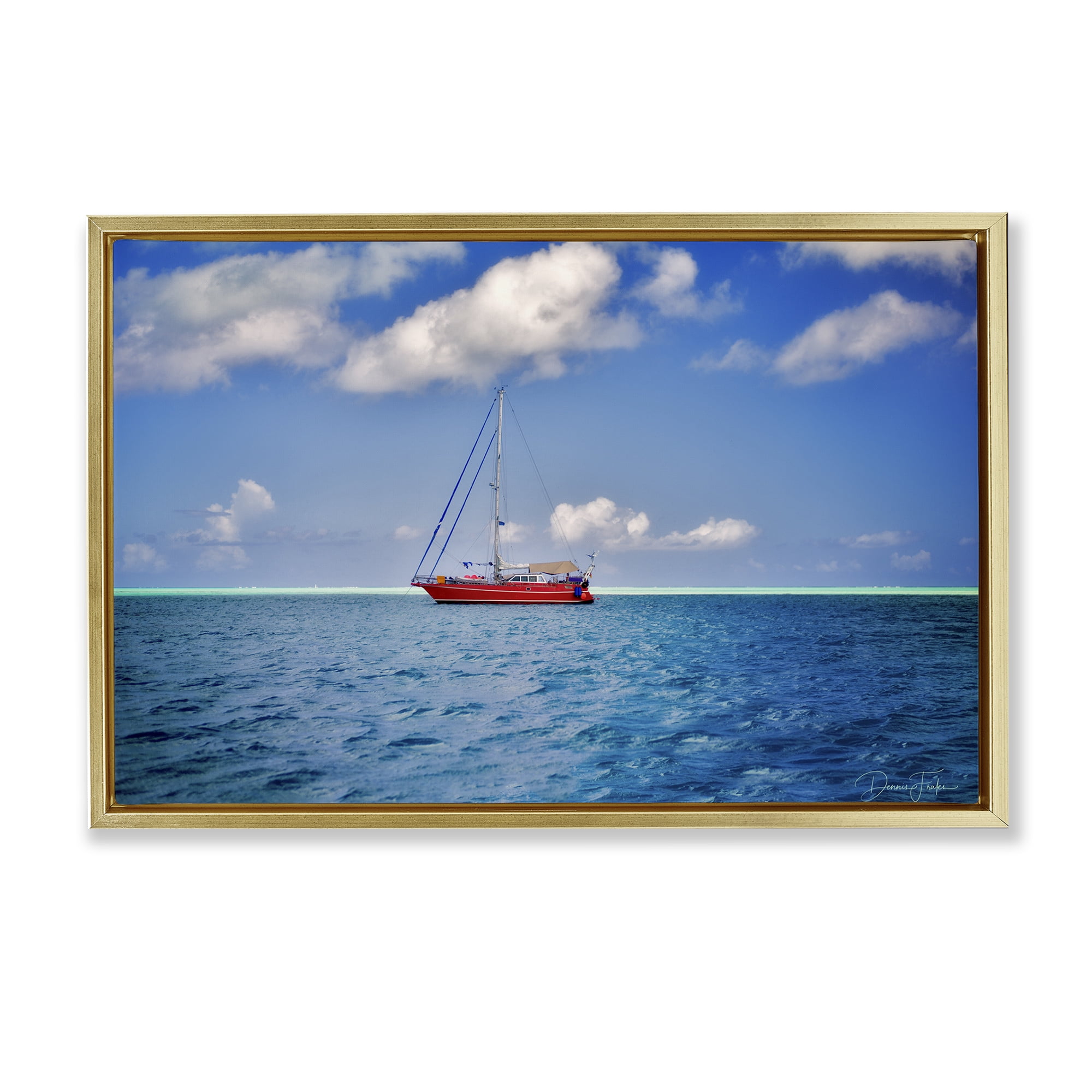 Stupell Industries Ship & Cloudy Sea Nautical & Beach Photography Gold Floater Framed Canvas Art Print Wall Art, 31 x 21
