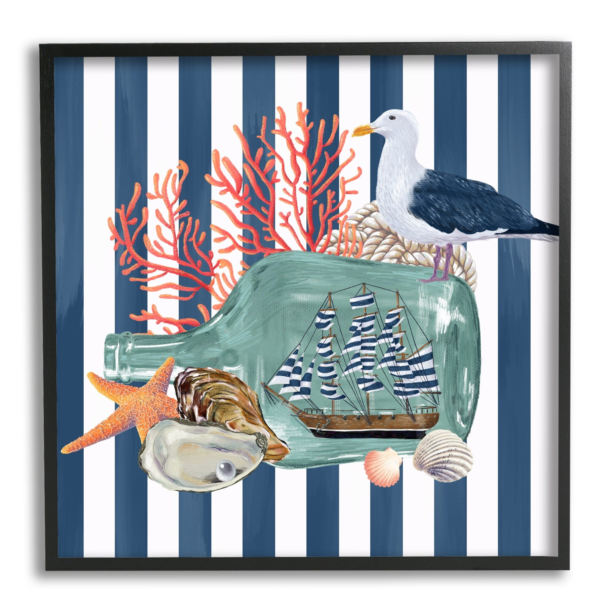 Stupell Industries Ship In Bottle Perched Seagull Marine Life Stripes Graphic Art Black Framed Art Print Wall Art, Design by Raquel Maciel