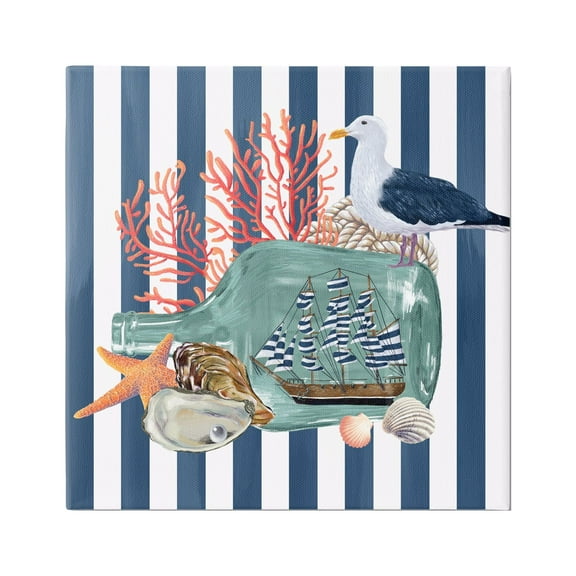 Stupell Industries Ship In Bottle Perched Seagull Marine Life Stripes Graphic Art Gallery Wrapped Canvas Print Wall Art, Design by Raquel Maciel