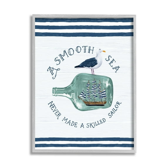 Stupell Industries Ship In Bottle Seagull Striped Nautical Phrase Graphic Art Gray Framed Art Print Wall Art, Design by Raquel Maciel