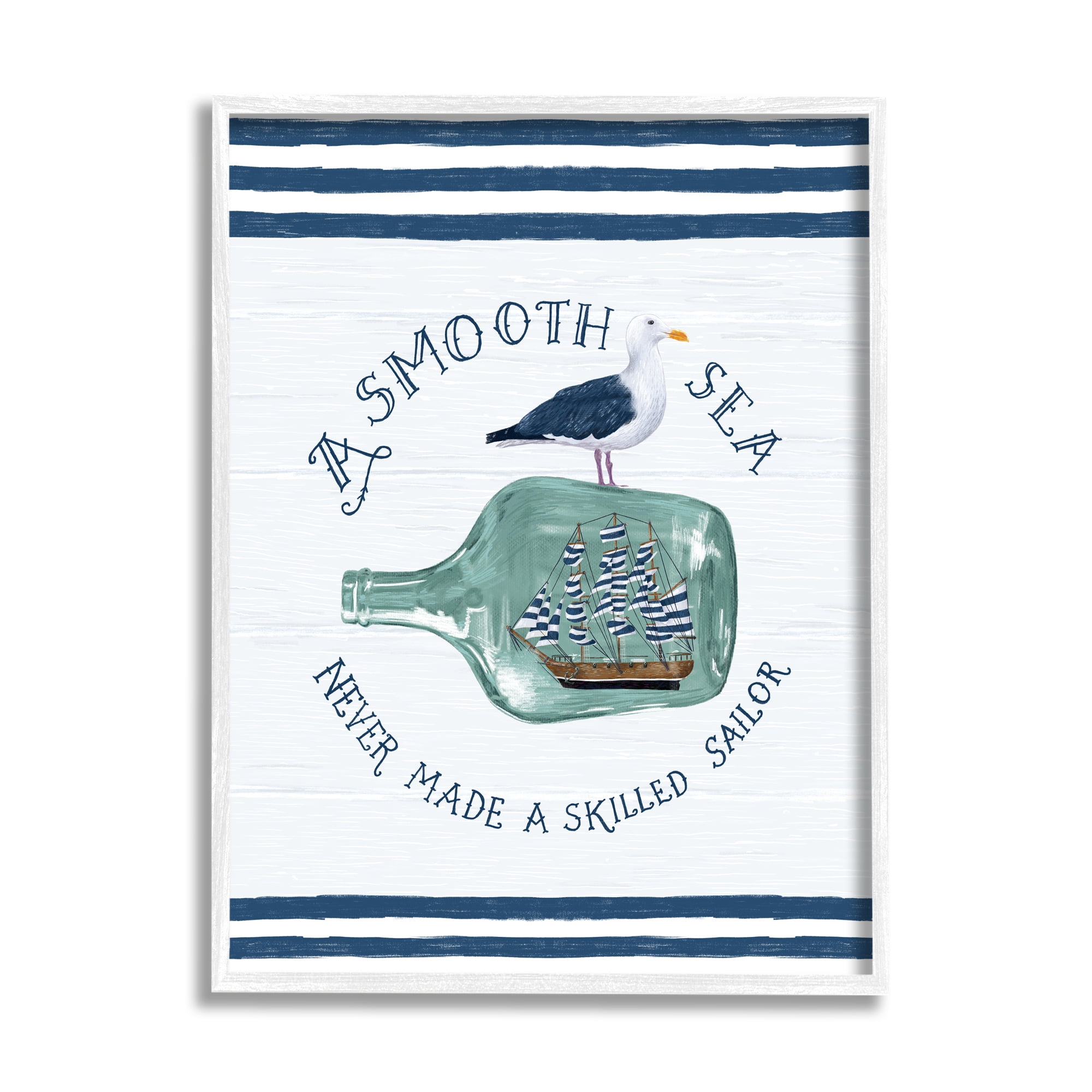 Seagull and Ship in Bottle Nautical Canvas Print with White Frame