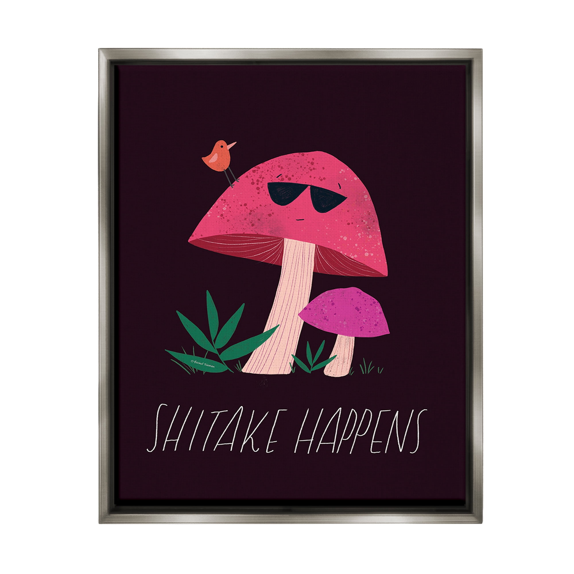 Stupell Industries Shitake Happens Mushroom Botanical & Floral Painting Gray Floater Framed Canvas Art Print Wall Art, 17 x 21