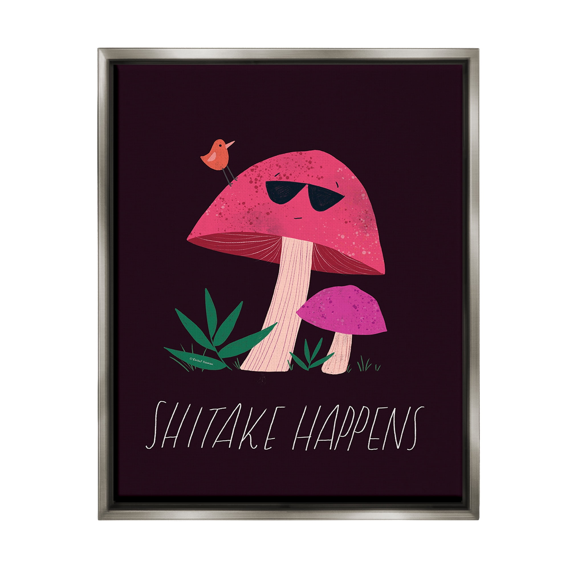 Stupell Industries Shitake Happens Mushroom Botanical & Floral Painting Gray Floater Framed Canvas Art Print Wall Art, 25 x 31