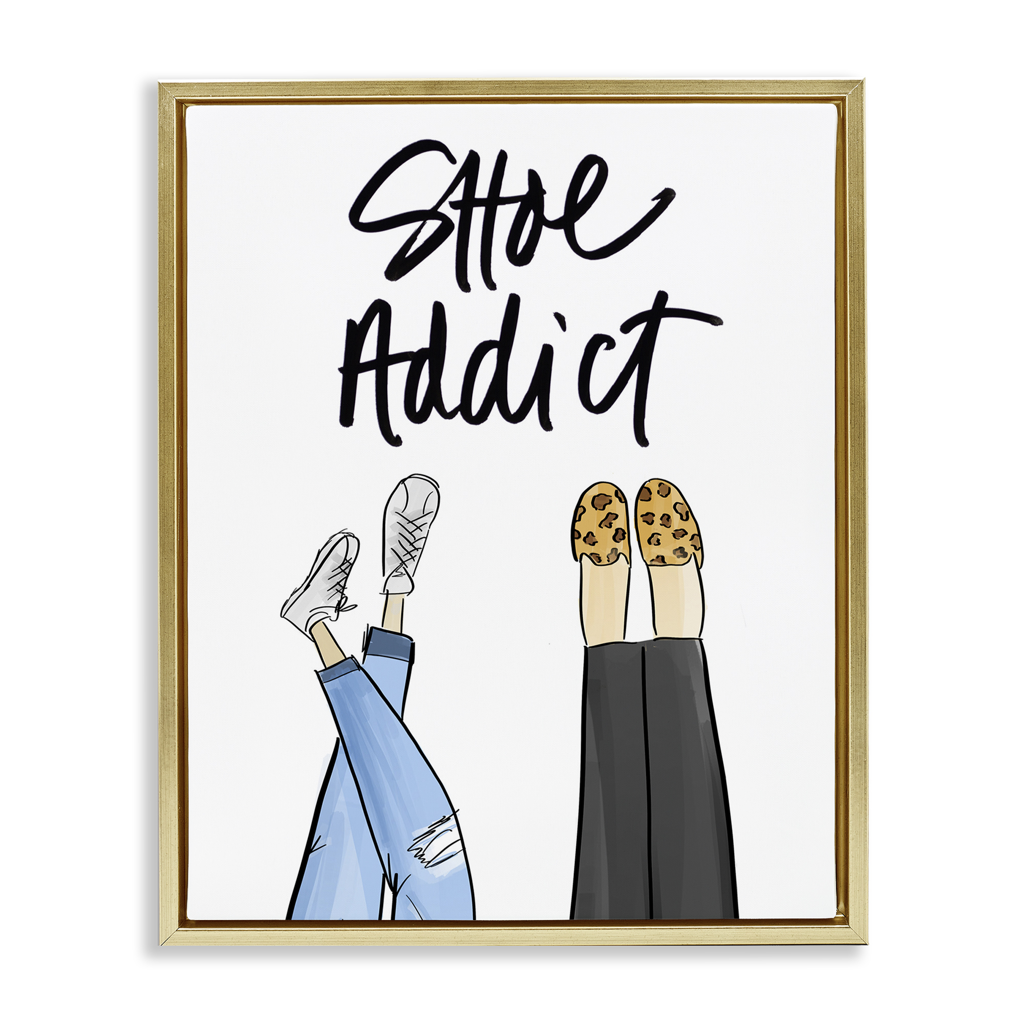 Stupell Industries Shoe Addict Phrase Beauty & Fashion Painting Gold Floater Framed Art Print Wall Art, 25 x 31