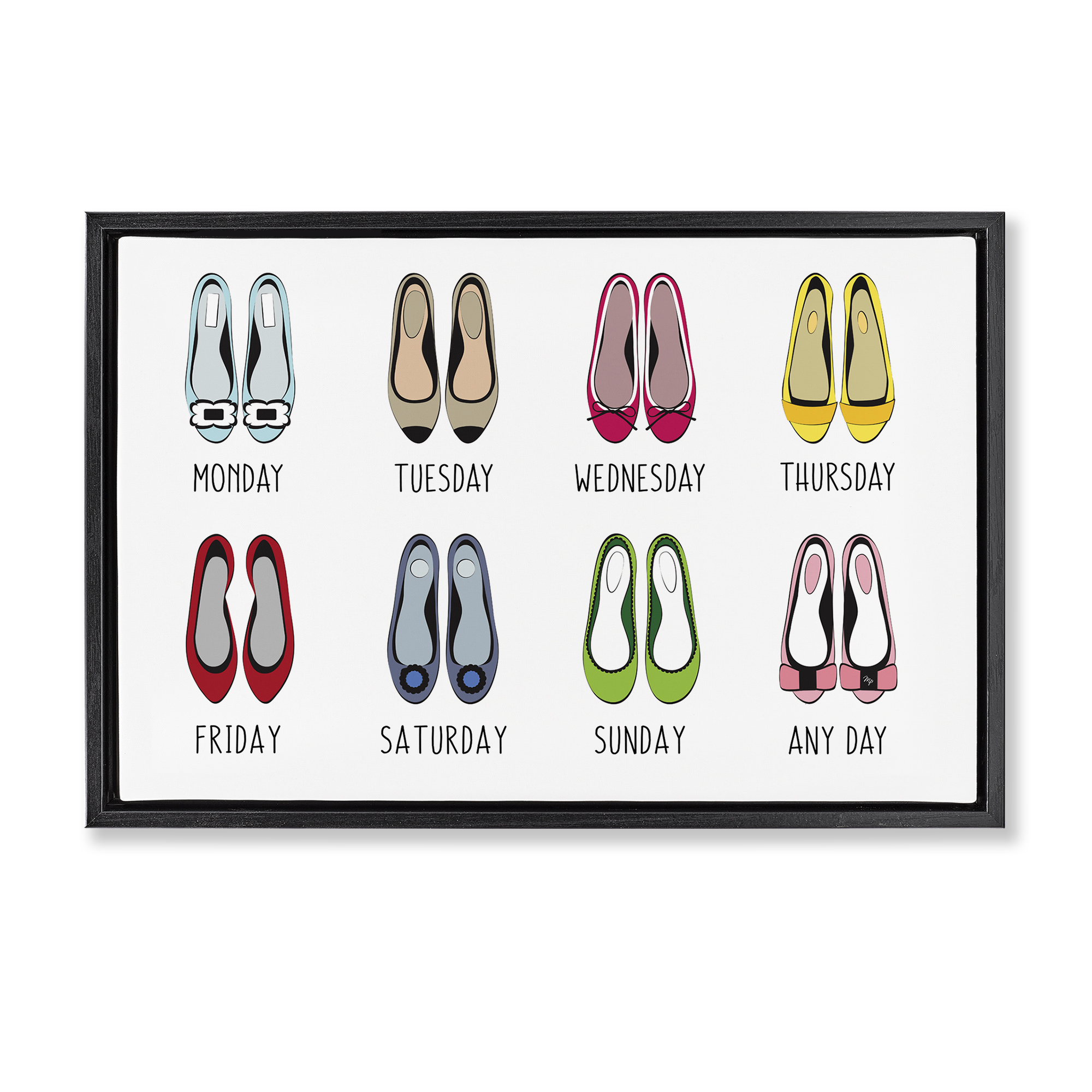 Stupell Industries Shoe Week Days Fashion Painting Black Floater Framed Canvas Art Print Wall Art, 25 x 17