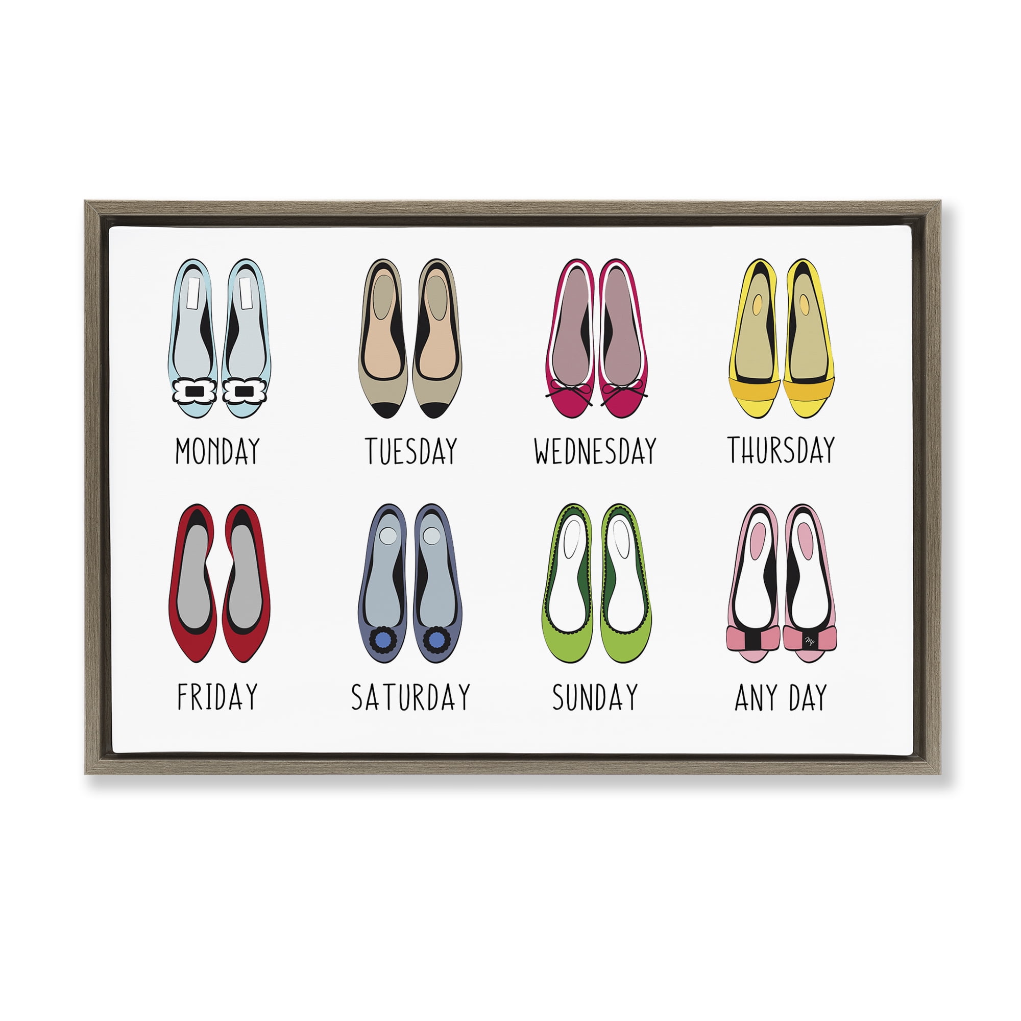 Stupell Industries Shoe Week Days Fashion Painting Brown Floater Framed Canvas Art Print Wall Art, 31 x 21