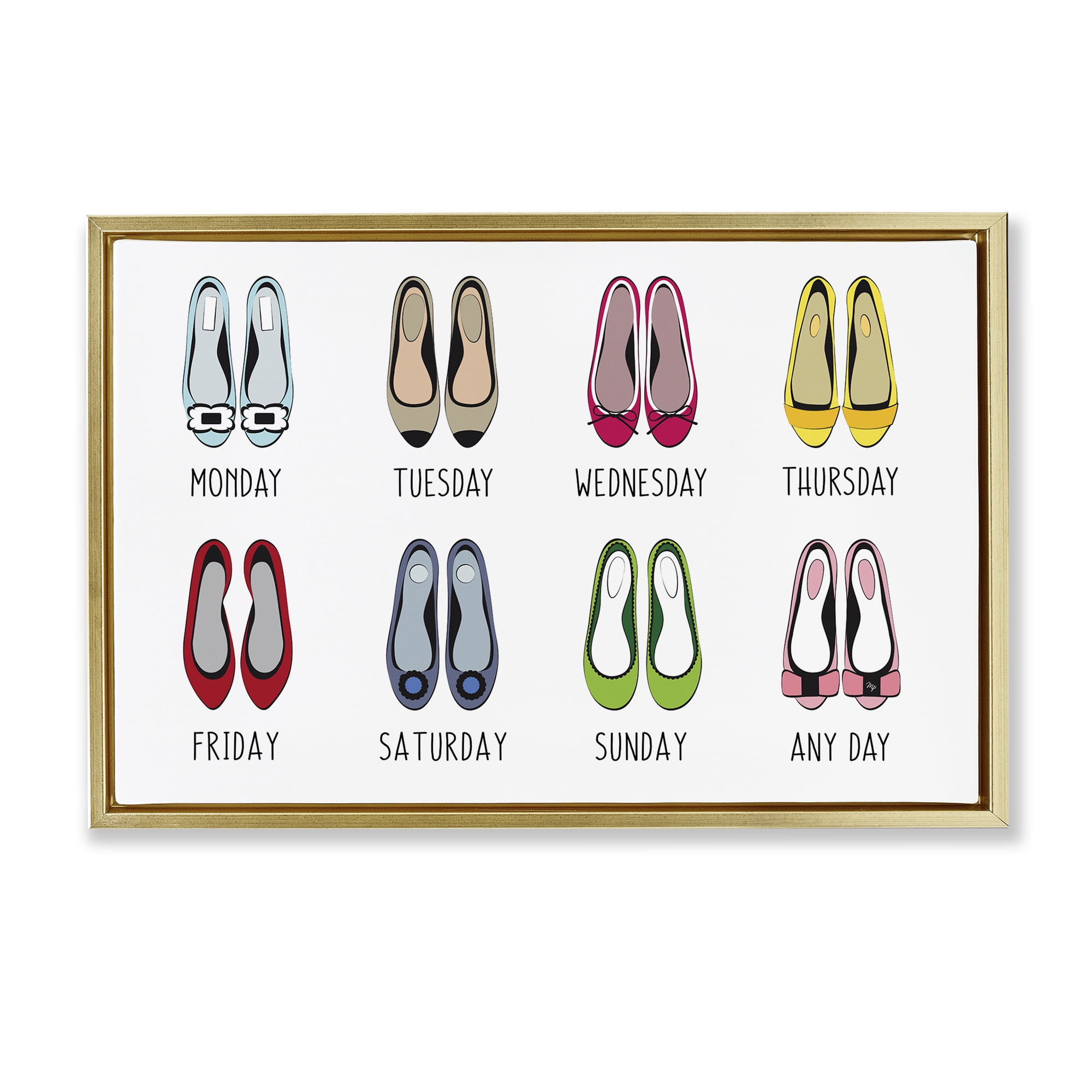 Stupell Industries Shoe Week Days Fashion Painting Gold Floater Framed Canvas Art Print Wall Art, 31 x 21