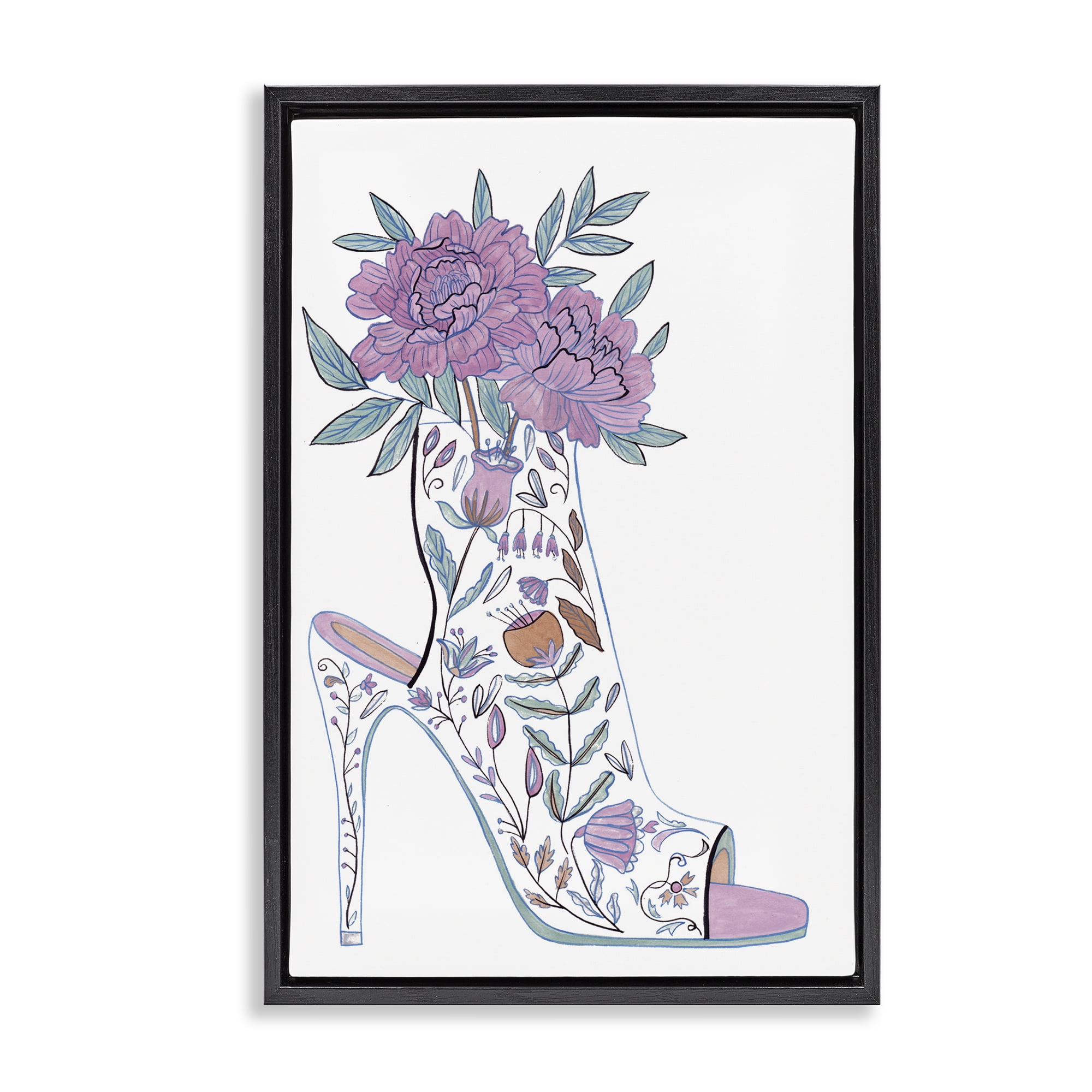 Stupell Industries Shoe with Bouquet Botanical & Floral Painting Black Floater Framed Art Print Wall Art, 21 x 31