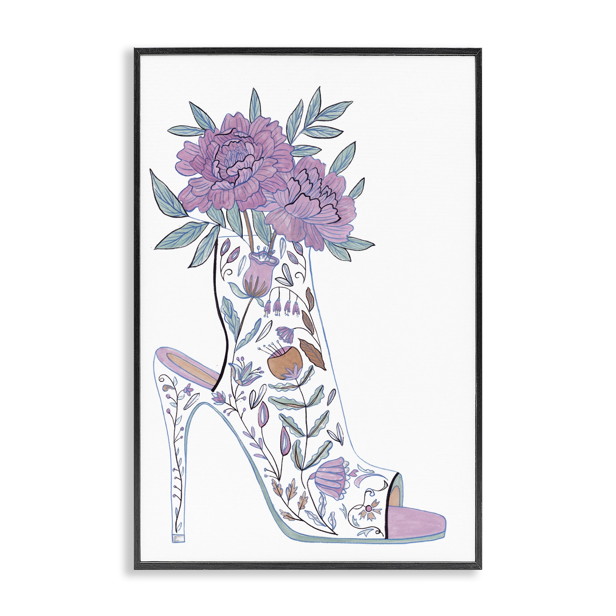 Stupell Industries Shoe with Bouquet Botanical & Floral Painting Black Framed Art Print Wall Art, 16 x 24