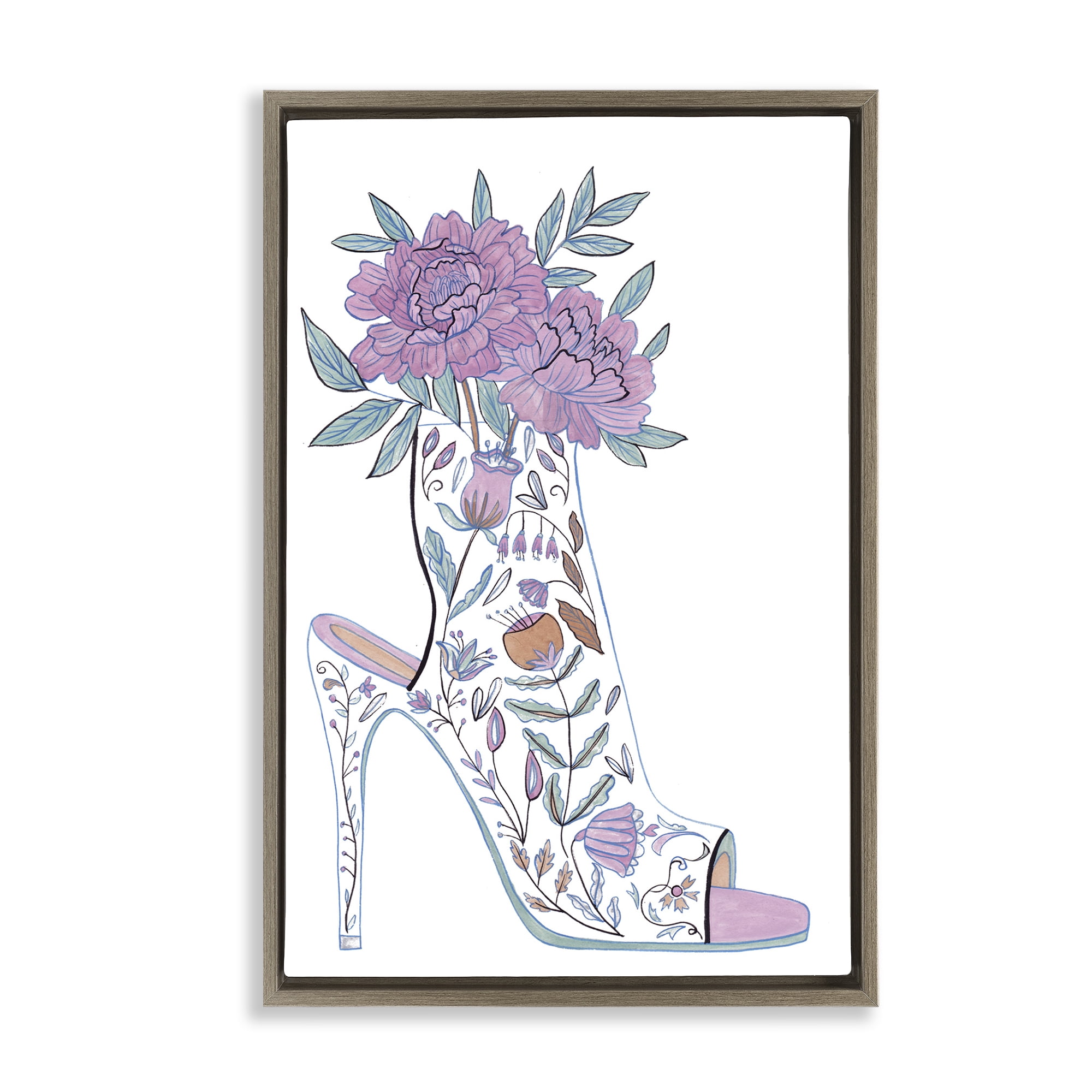 Stupell Industries Shoe with Bouquet Botanical & Floral Painting Brown Floater Framed Art Print Wall Art, 21 x 31