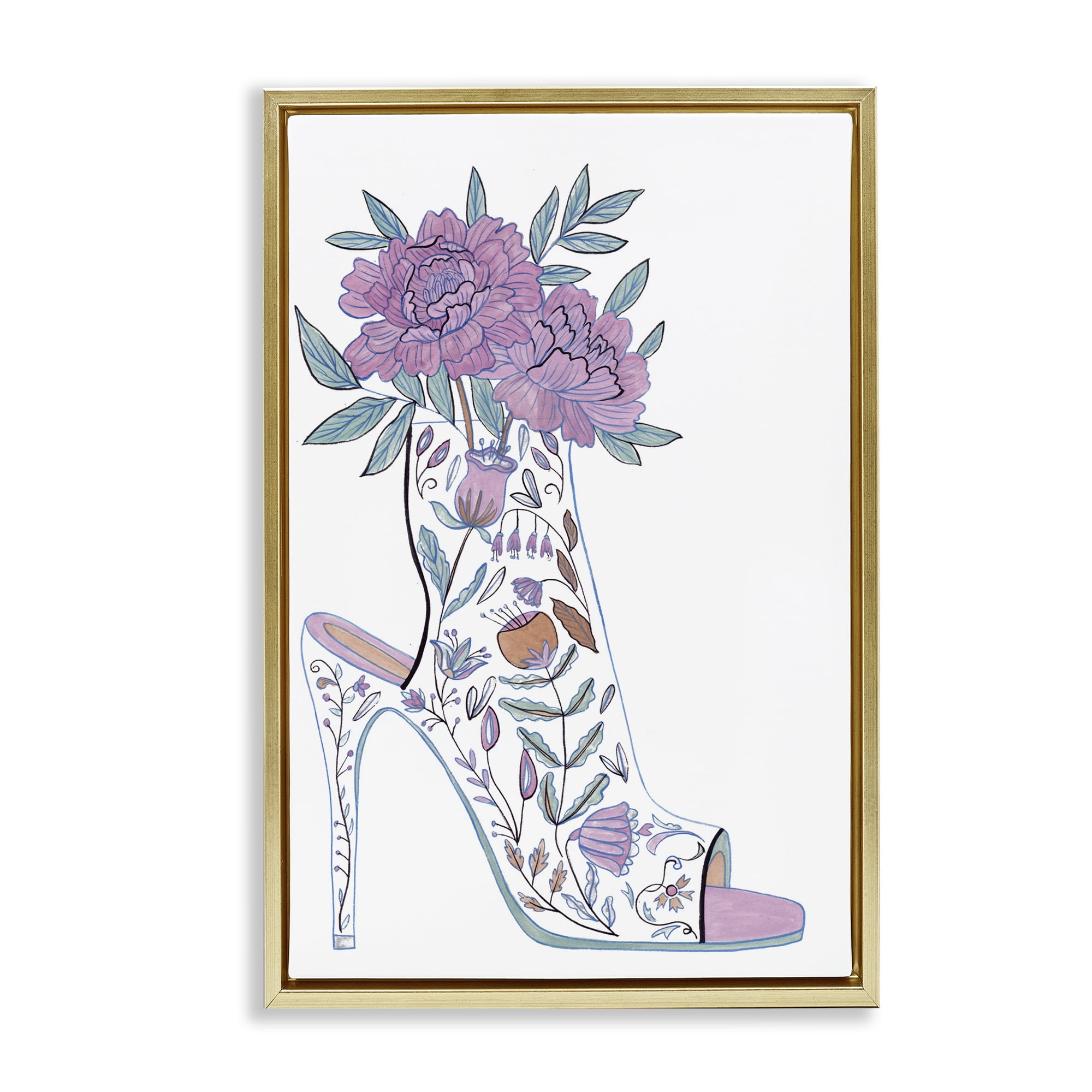 Stupell Industries Shoe with Bouquet Botanical & Floral Painting Gold Floater Framed Art Print Wall Art, 21 x 31