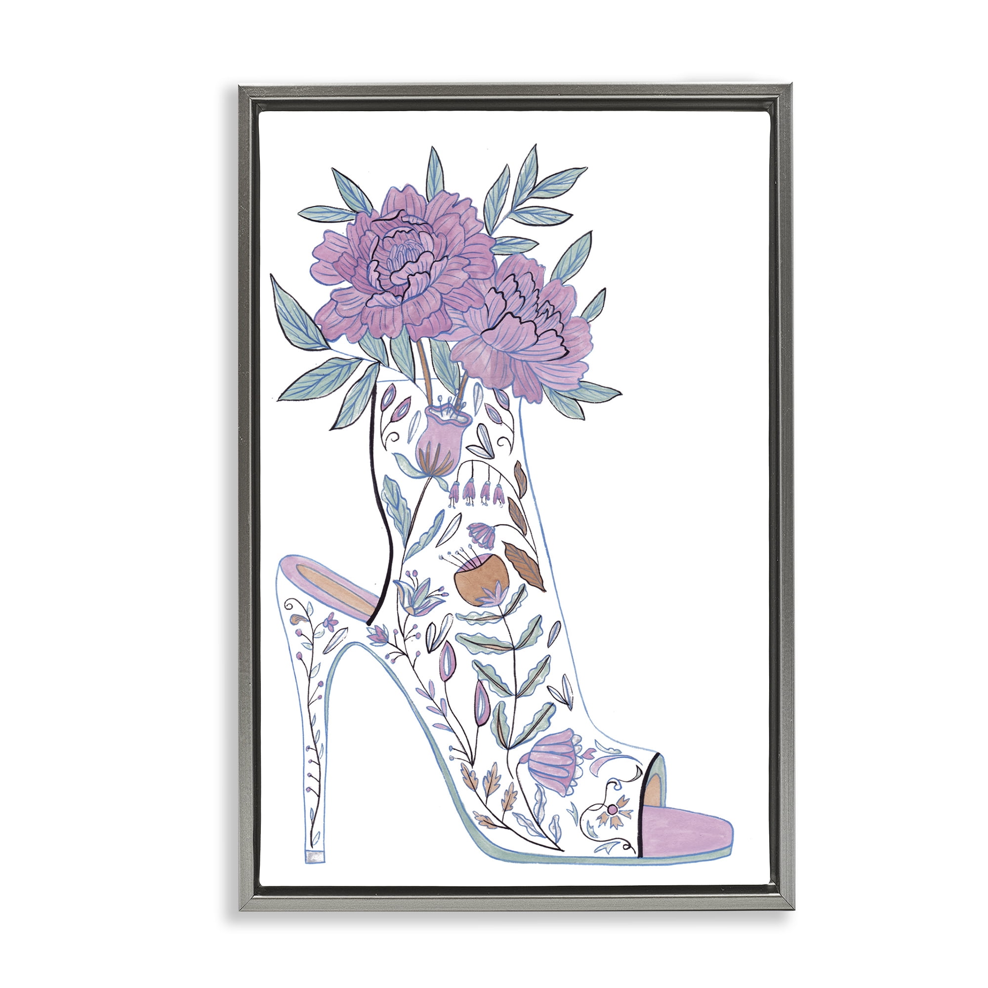 Stupell Industries Shoe with Bouquet Botanical & Floral Painting Gray Floater Framed Art Print Wall Art, 21 x 31