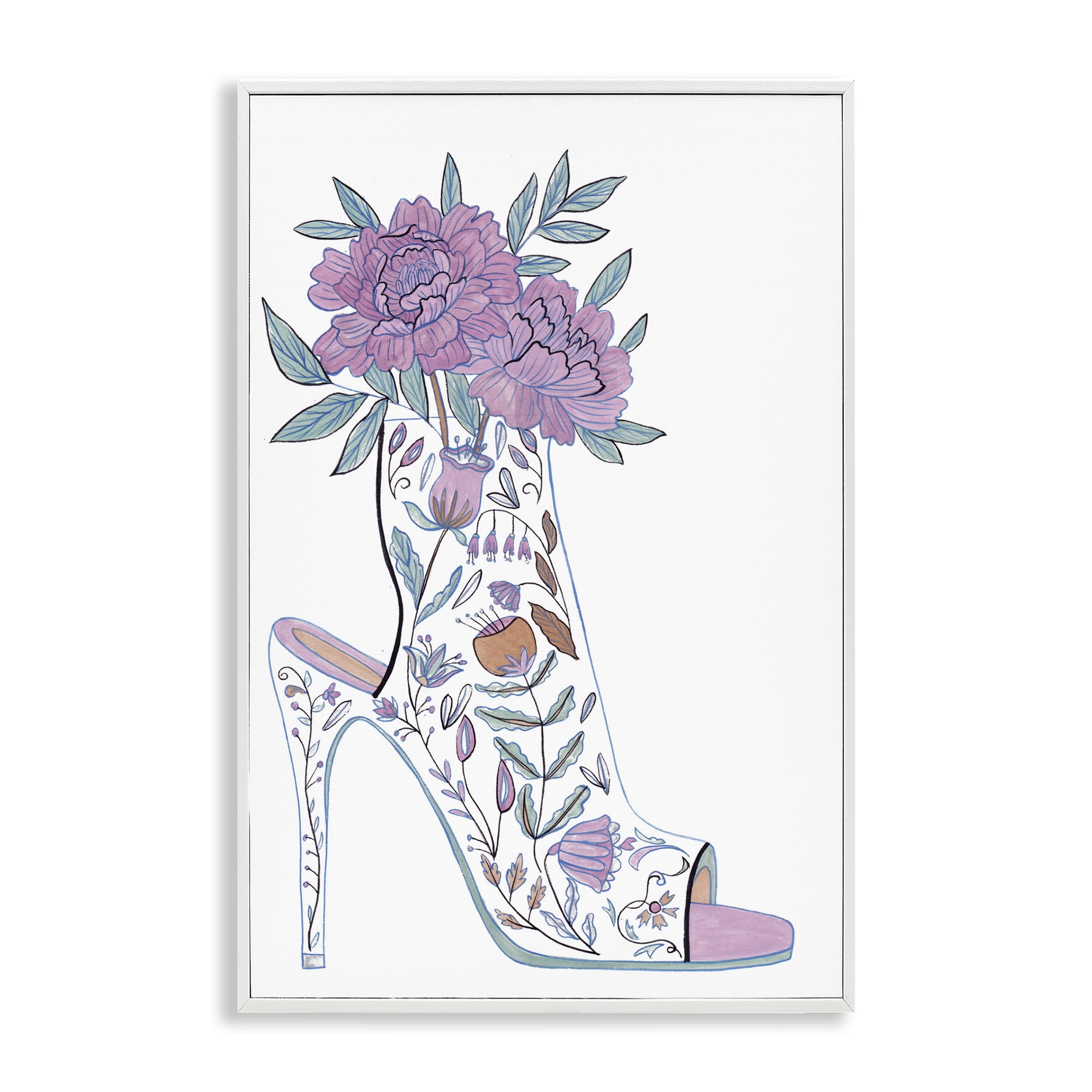 Stupell Industries Shoe with Bouquet Botanical & Floral Painting White Framed Art Print Wall Art, 20 x 30