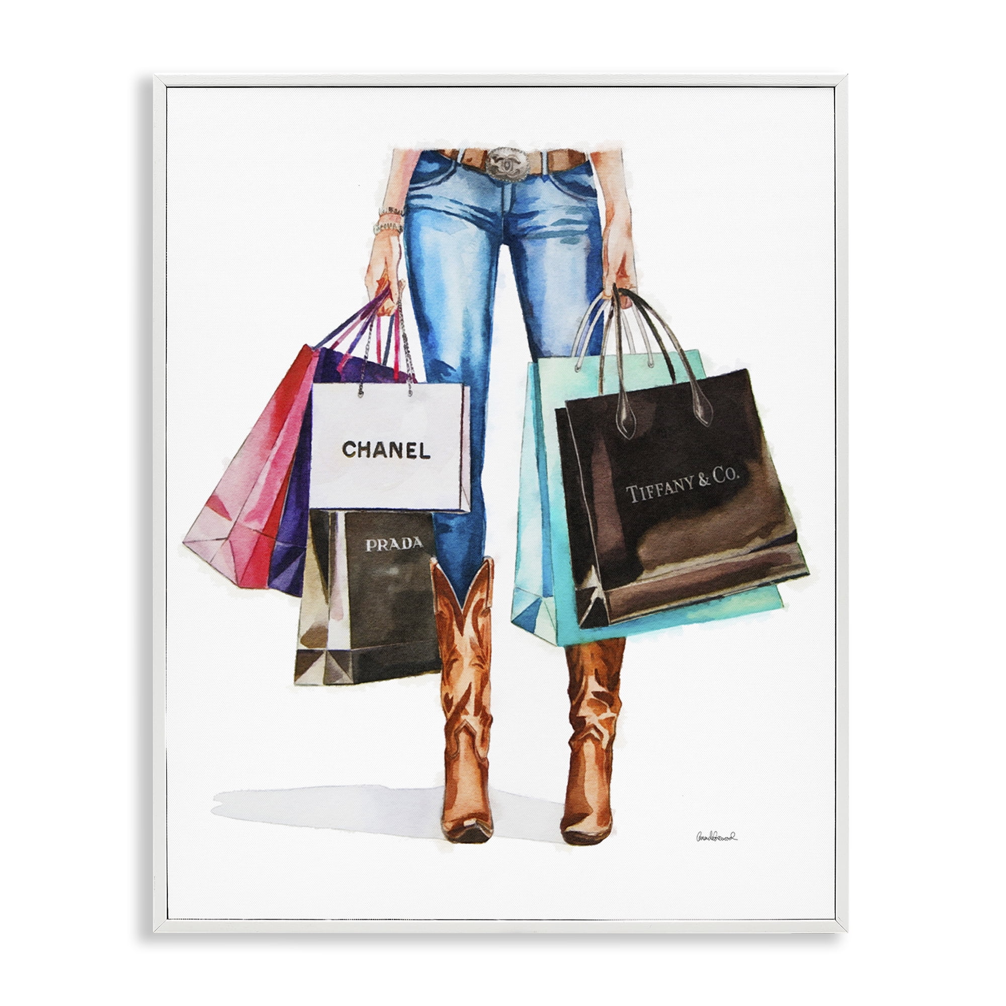 Stupell Industries Shopping Bags Cowgirl People Painting White Framed Art Print Wall Art, 16 x 20