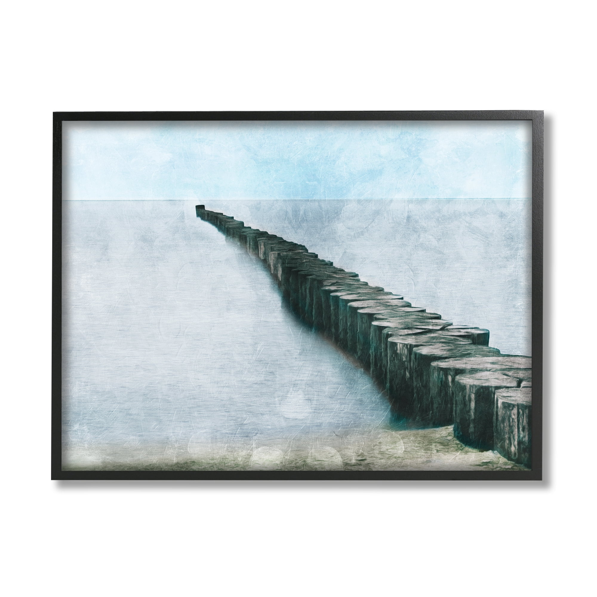 Stupell Industries Shoreline Beach Piling Landscape Nautical Ocean Horizon Nature Painting Black Framed Art Print Wall Art, 16 x 20