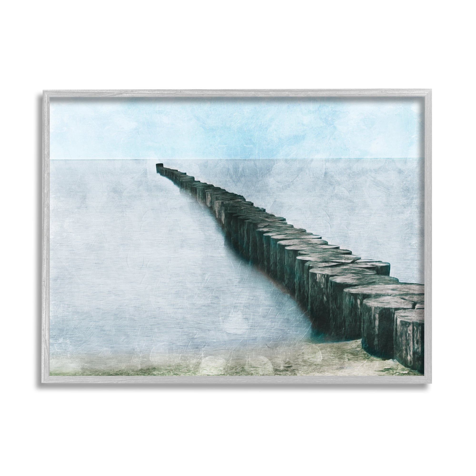 Stupell Industries Shoreline Beach Piling Landscape Nautical Ocean Horizon Nature Painting Gray Framed Art Print Wall Art, 24 x 30