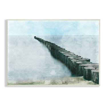 Stupell Industries Shoreline Beach Piling Landscape Nautical Ocean Horizon Nature Painting Unframed Art Print Wall Art, 13 x 19