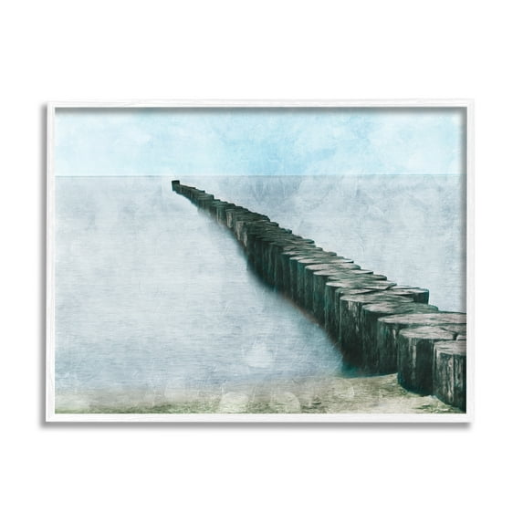Stupell Industries Shoreline Beach Piling Landscape Nautical Ocean Horizon Nature Painting White Framed Art Print Wall Art, 11 x 14