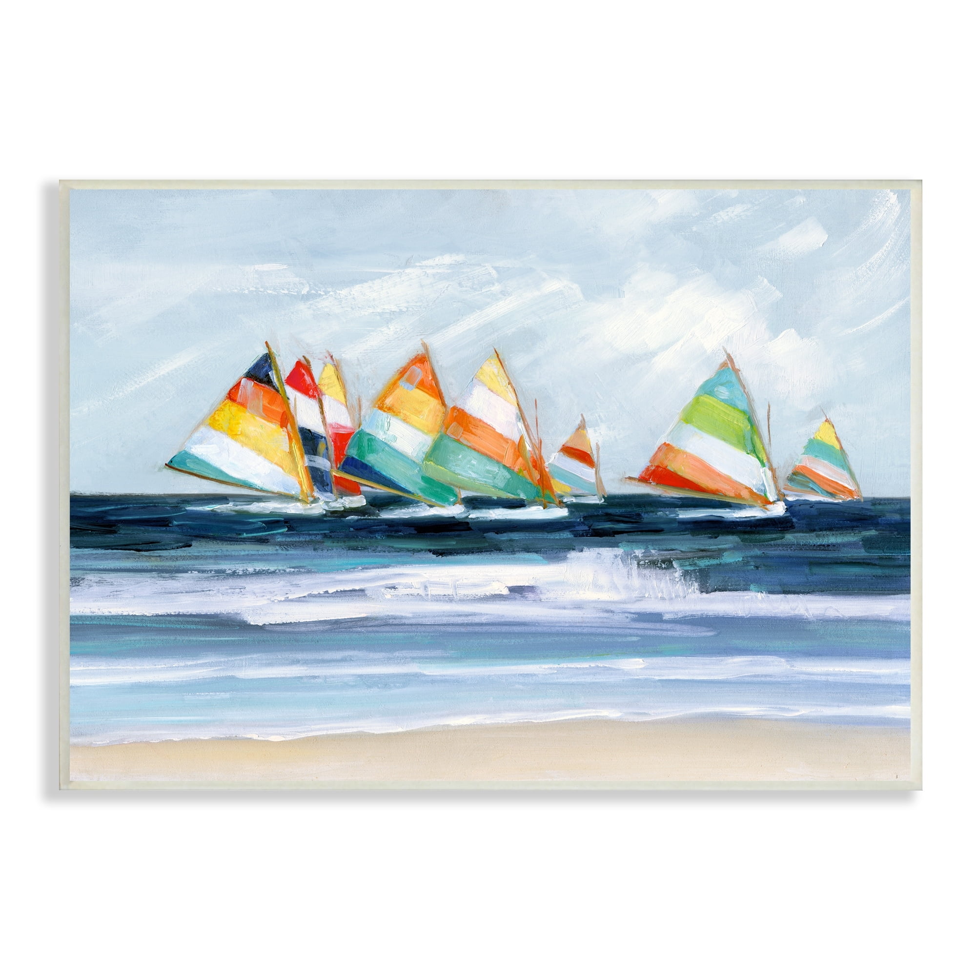 Stupell Industries Shoreline Sailboat Race Striped Sails Coastal Painting, 15 x 10, Design by Sally Swatland