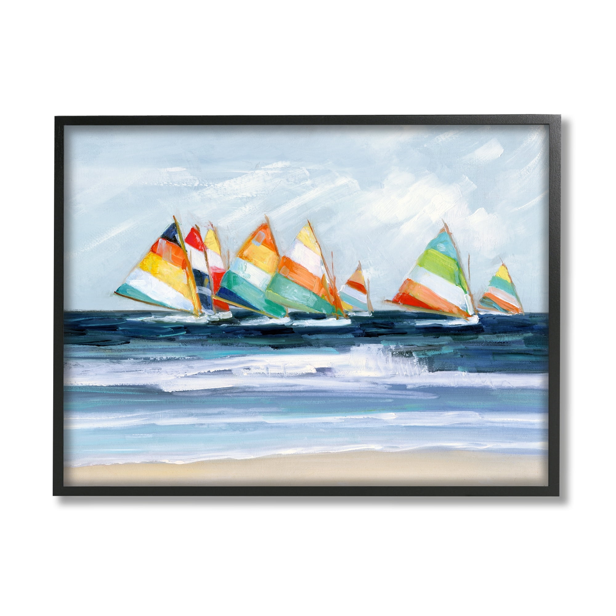 Stupell Industries Shoreline Sailboat Race Striped Sails Coastal Painting, 30 x 24, Design by Sally Swatland