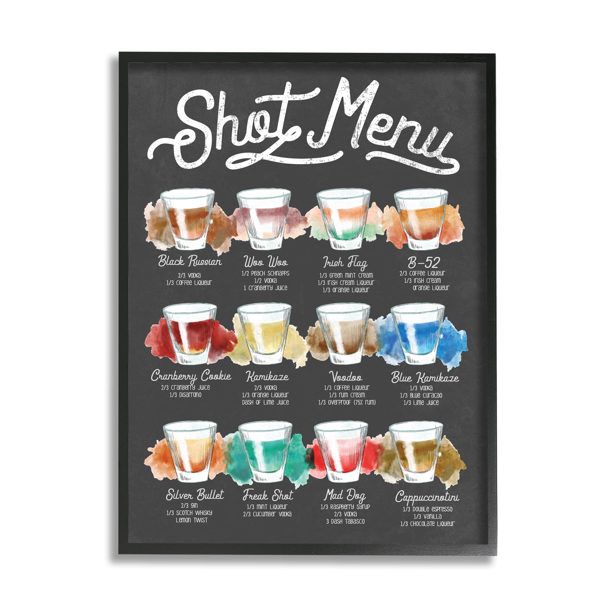 Stupell Industries Shot Menu Drink Recipes Fun Watercolor Styling Food & Beverage Painting Black Framed Art Print Wall Art, 24 x 30