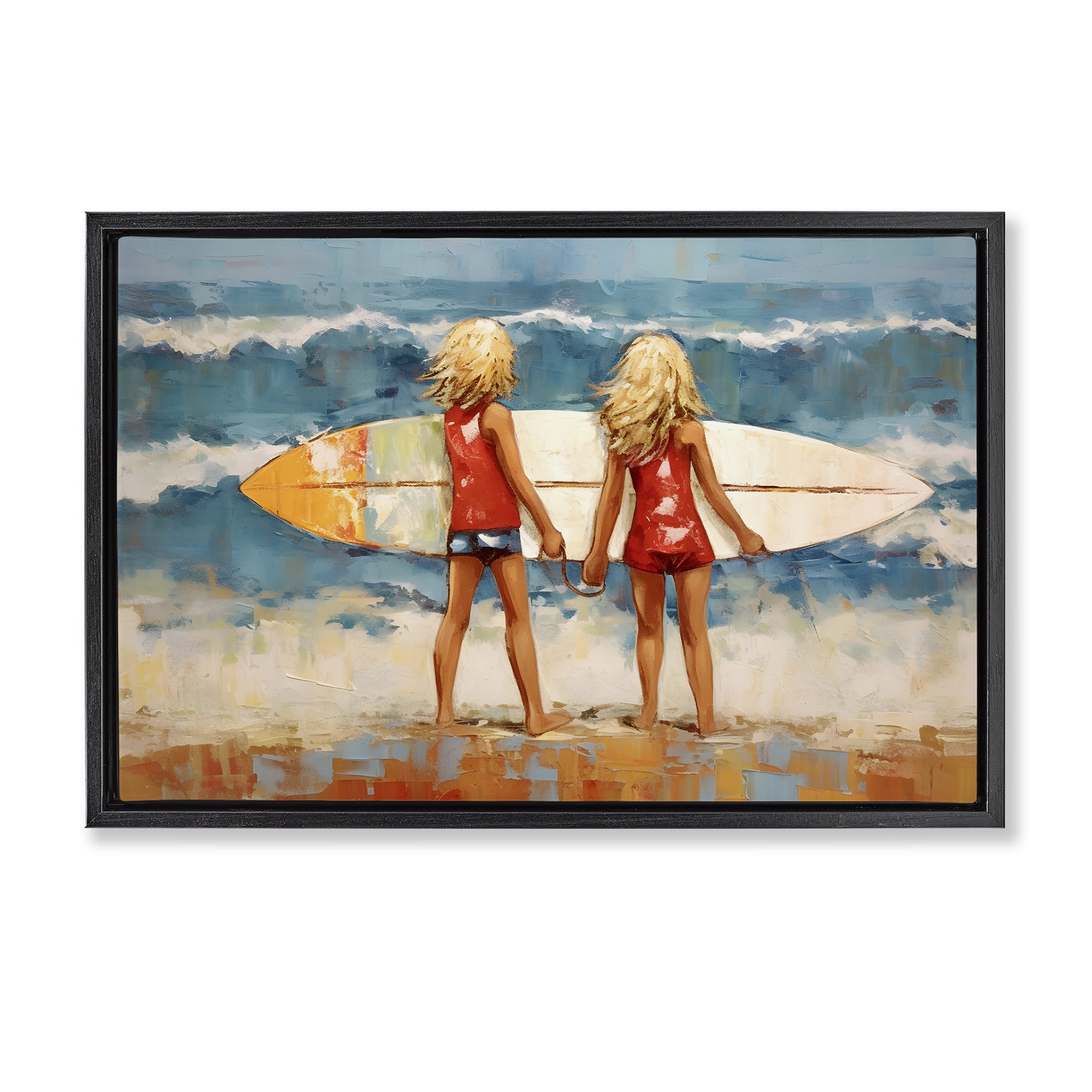 Stupell Industries Siblings with Surfboard People Painting Black Floater Framed Canvas Art Print Wall Art, 31 x 21