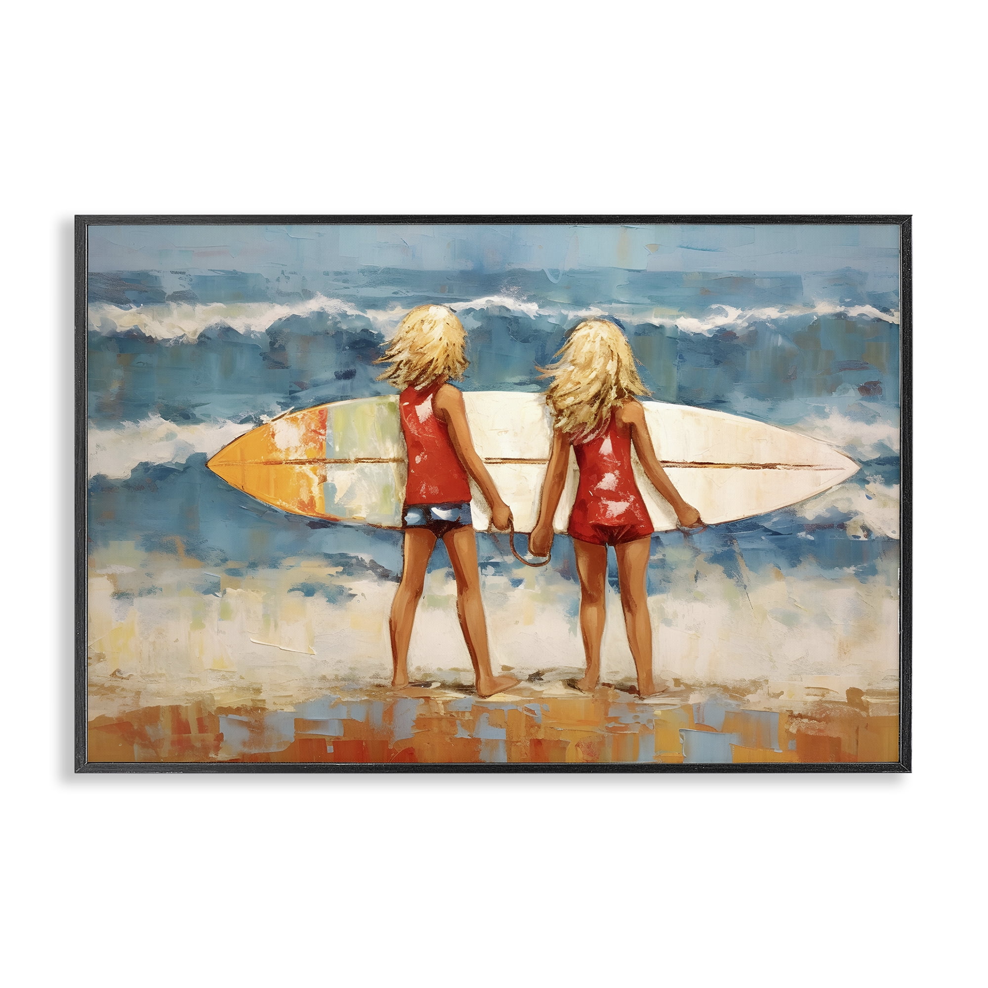 Stupell Industries Siblings with Surfboard People Painting Black Framed Art Print Wall Art, 18 x 12