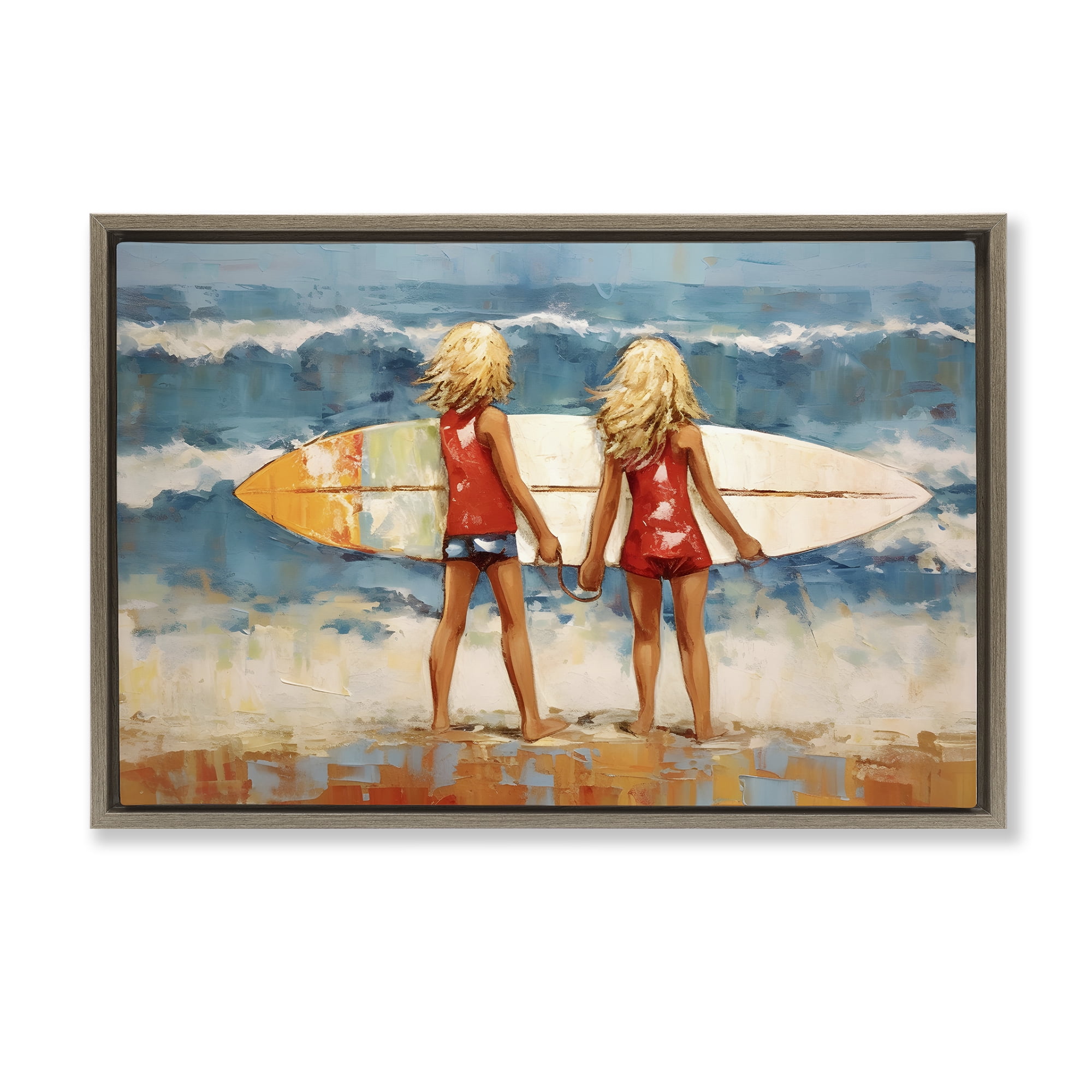Stupell Industries Siblings with Surfboard People Painting Brown Floater Framed Canvas Art Print Wall Art, 31 x 21