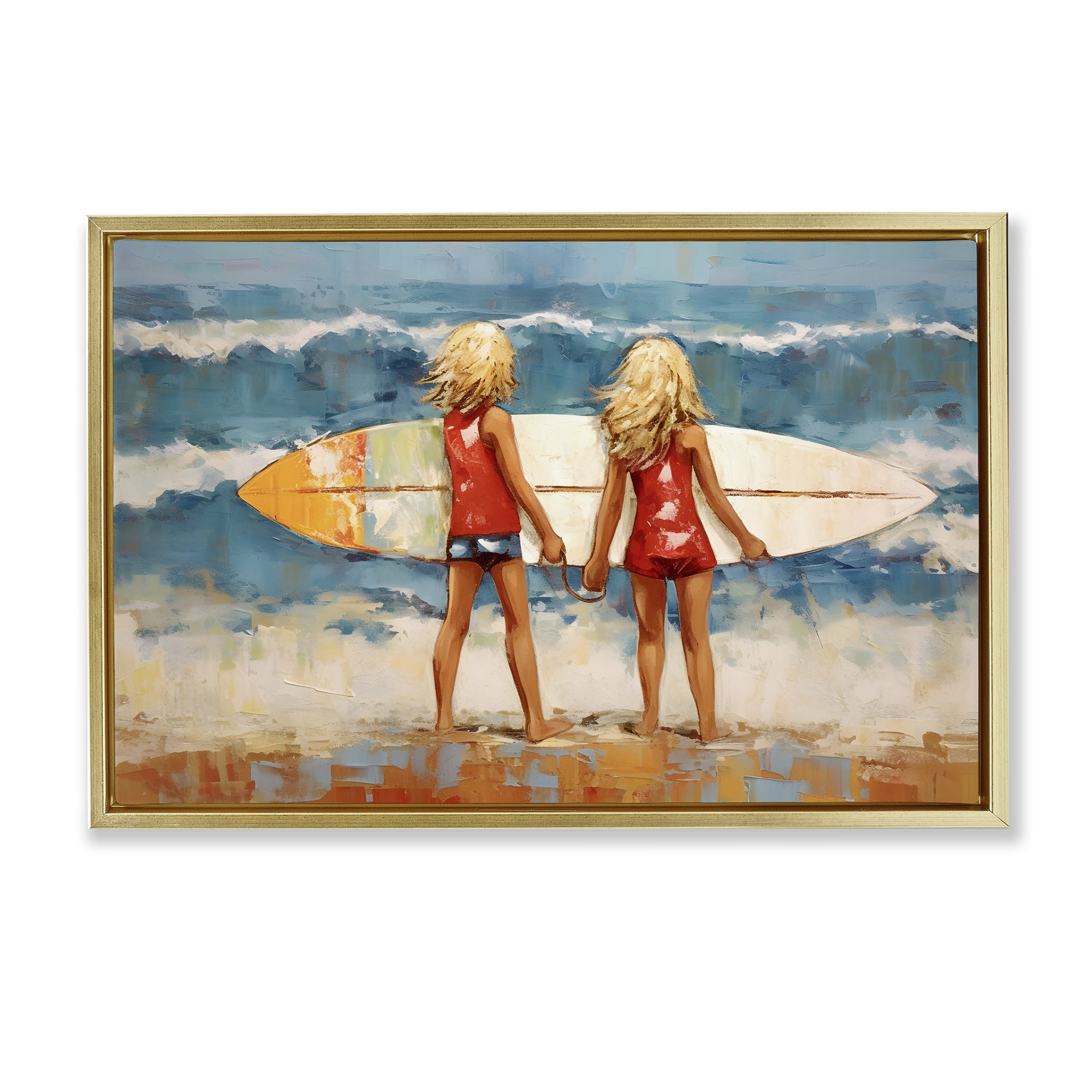 Stupell Industries Siblings with Surfboard People Painting Gold Floater Framed Canvas Art Print Wall Art, 31 x 21