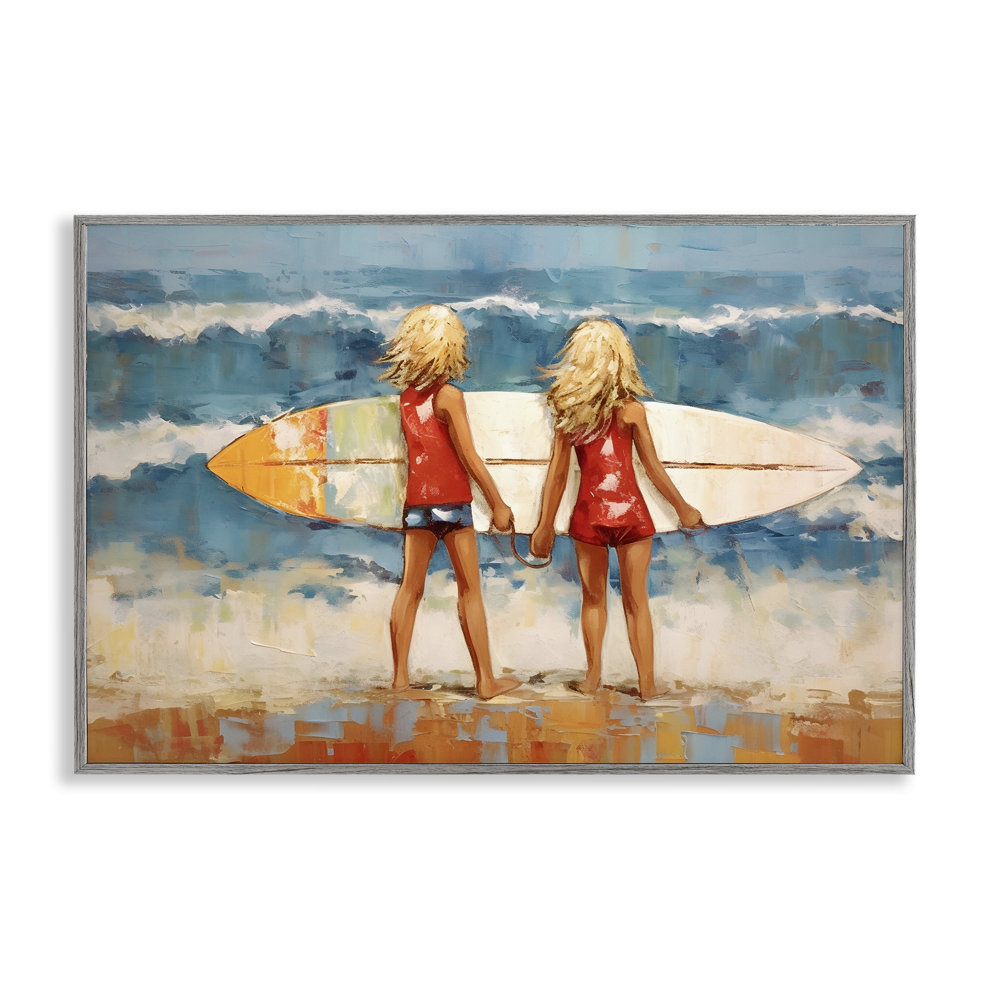 Stupell Industries Siblings with Surfboard People Painting Gray Framed Art Print Wall Art, 30 x 20